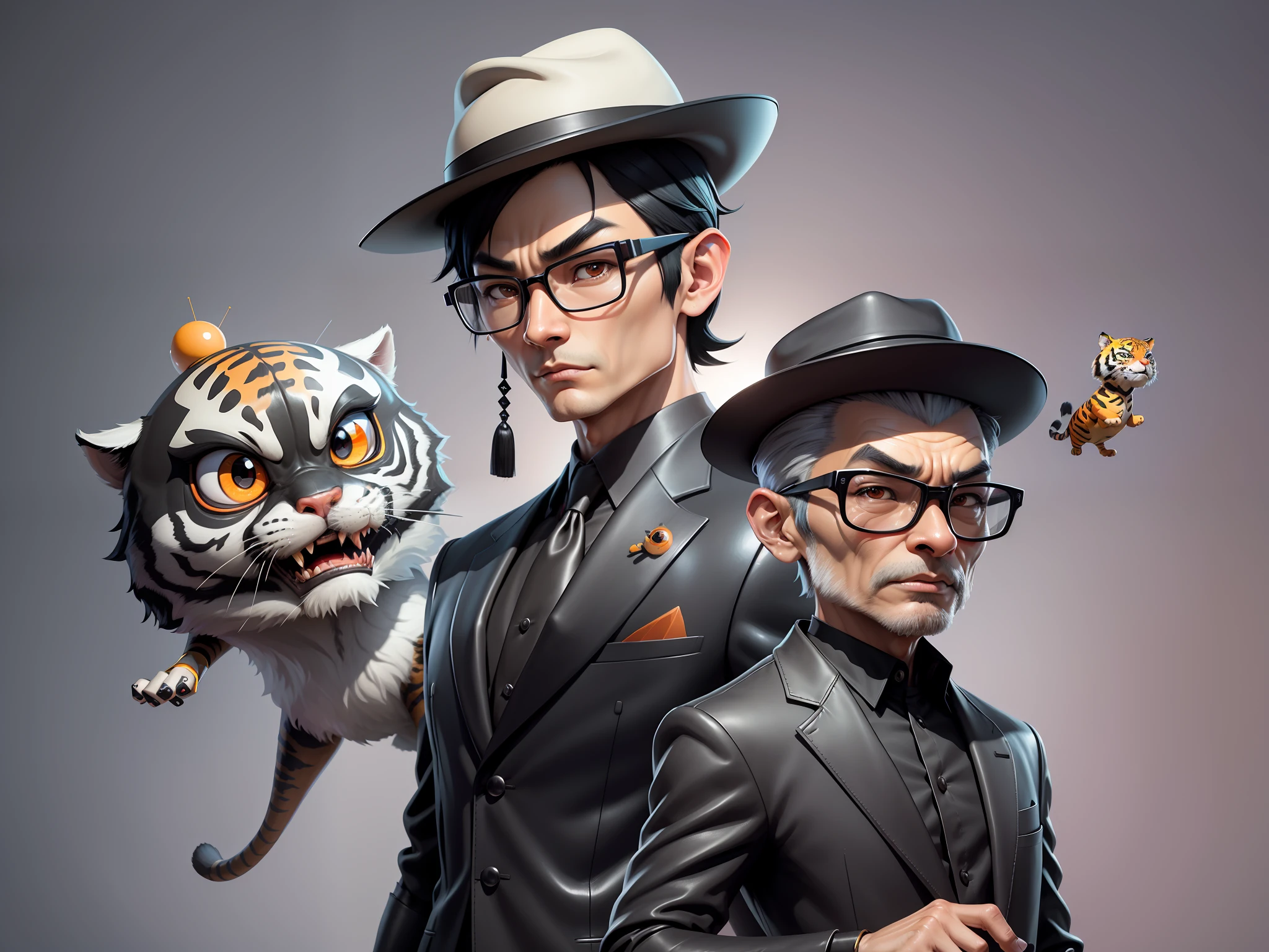 Young man with oriental face in leather hat, tiger, oriental face in formal suit, short black hair, silver glasses, digital painting, 3D character design by Mark Clairedon and Pixar and Hayao Miyazaki and Akira Toriyama, the illustration is a high-definition illustration in 4K resolution with very detailed facial features and cartoon-style visuals.