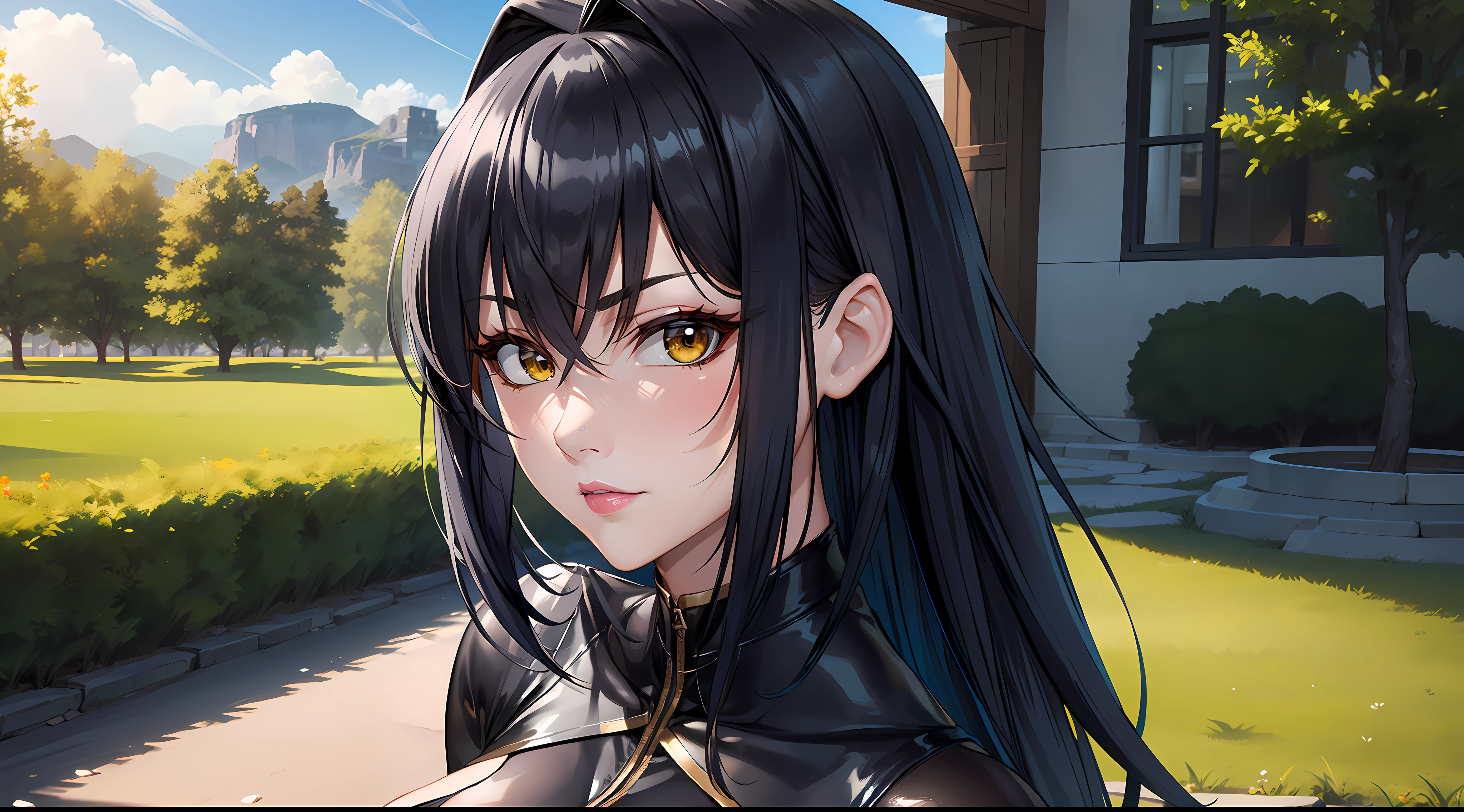 professional artwork, Intricate Details, field of view, sharp focus, detailed painting, photorealistic lighting, trending on pixiv, Standing at attention, black outfit ,yellow collared shirt,black and red bodysuit,skin_tight,black legwear, black pantyhose, Side_boob, black hair,very long hair, Bangs,yellow eyes,makeup, lipstick, 20yo,mature female,Beautiful Finger,Beautiful long legs,Beautiful body,Beautiful Nose,Beautiful character design, perfect eyes, perfect face, looking at viewer,official art,extremely detailed CG unreal engine 8k wallpaper, perfect lighting,Colorful, Bright_Front_face_Lighting, (masterpiece:1.0),(best_quality:1.0), ultra high res,4K,ultra-detailed, photography, 8K, HDR, highres, absurdres:1.2, Kodak portra 400, film grain, blurry background, (Beautiful,large_Breasts:1.4), (beautiful_face:1.5),(narrow_waist), (solo:1.4), ((landscape dimension)), rich detailed makeup, rich detailed eyeshadow, rich detailed lips, rich detailed lipstick, eyes lens, beautiful eyes lens, ultra detailed eyes, (solo:1.4)