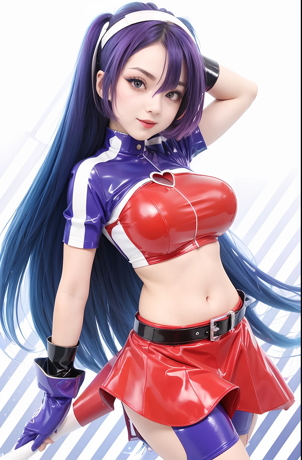 cute girl,purple hair,eye wink,latex red tops,navel,red skirt with black belt,blue hand gloves,simple face