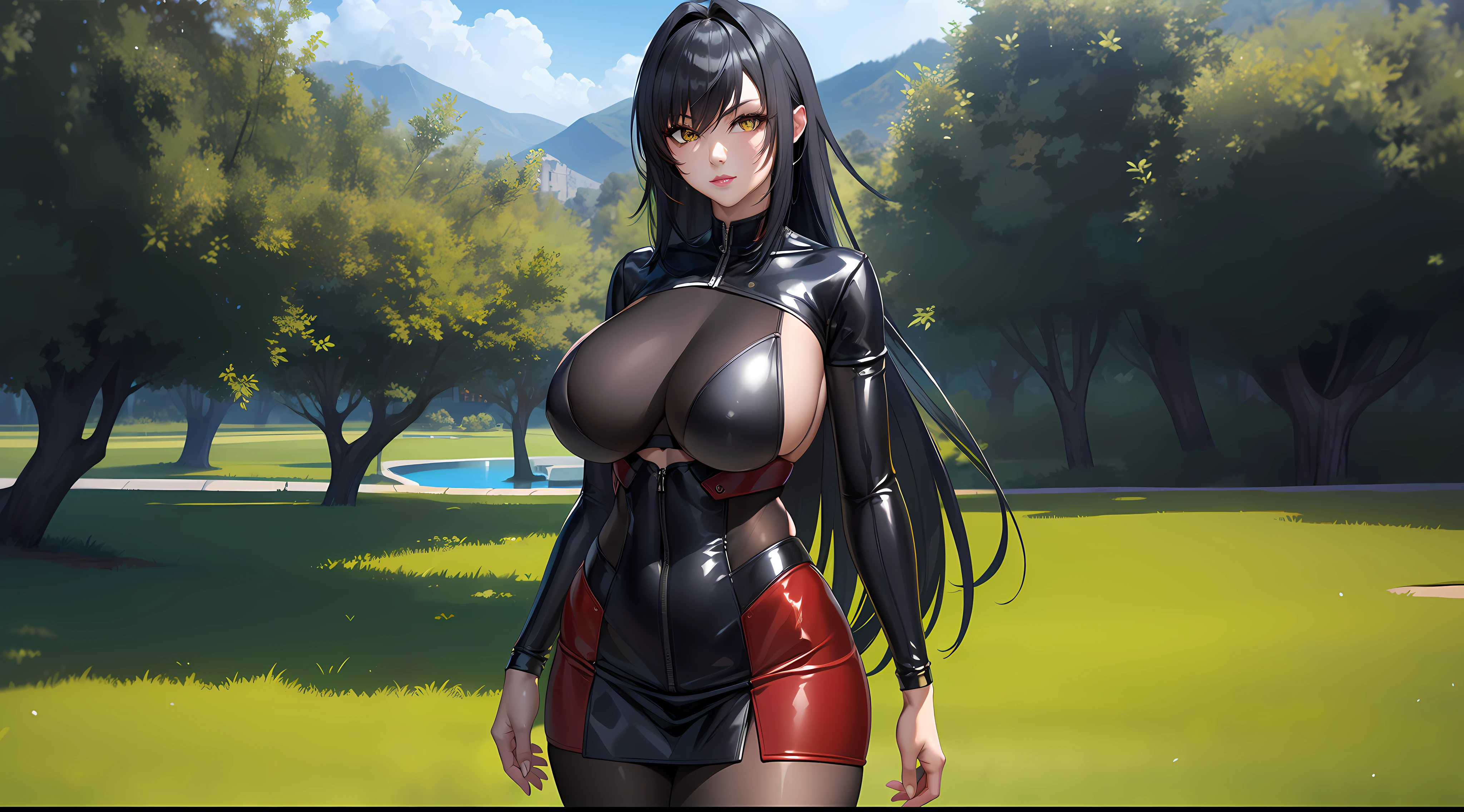 professional artwork, Intricate Details, field of view, sharp focus, detailed painting, photorealistic lighting, trending on pixiv, Standing at attention, black outfit ,yellow collared shirt,black and red bodysuit,skin_tight,black legwear, black pantyhose, Side_boob, black hair,very long hair, Bangs,yellow eyes,makeup, lipstick, 20yo,mature female,Beautiful Finger,Beautiful long legs,Beautiful body,Beautiful Nose,Beautiful character design, perfect eyes, perfect face, looking at viewer,official art,extremely detailed CG unreal engine 8k wallpaper, perfect lighting,Colorful, Bright_Front_face_Lighting, (masterpiece:1.0),(best_quality:1.0), ultra high res,4K,ultra-detailed, photography, 8K, HDR, highres, absurdres:1.2, Kodak portra 400, film grain, blurry background, (Beautiful,large_Breasts:1.4), (beautiful_face:1.5),(narrow_waist), (solo:1.4), ((landscape dimension)), rich detailed makeup, rich detailed eyeshadow, rich detailed lips, rich detailed lipstick, eyes lens, beautiful eyes lens, ultra detailed eyes, (solo:1.4)