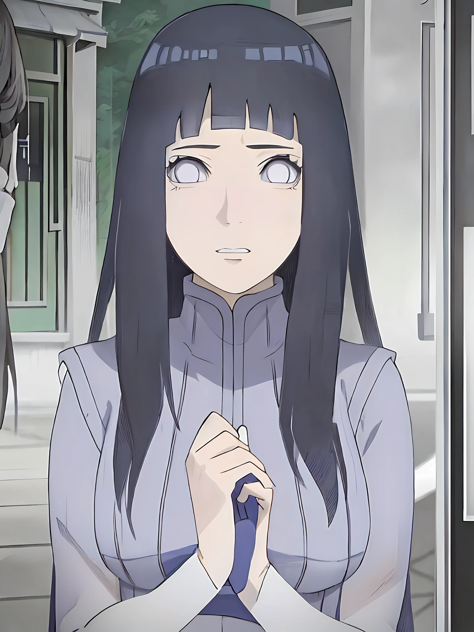 Hinata Hyuuga, Meisterwerk, Hinata\(Boruto\), 1girls, nur, junges Weibchen, ((((Highschool-Uniform)))), (Oberschule), al fresco, Blick auf den Betrachter, overcast sky, Perfekte Komposition, Detaillierte Lippen, School, large chest, Beautiful face, Body Propotion, flush, (rosa Lippen), ((Lange Haare)),  lila Augen,  Sanfter Blick, sad smile,  Super realistisch, Detailliert, Fotoshooting, Realistic face and body,  Realistisches Haar, Realistische Augen, realistische Nase, Realistische Lippen, (((dunkelblaues Haar))), 19 year old girl,  Flowing skirt
