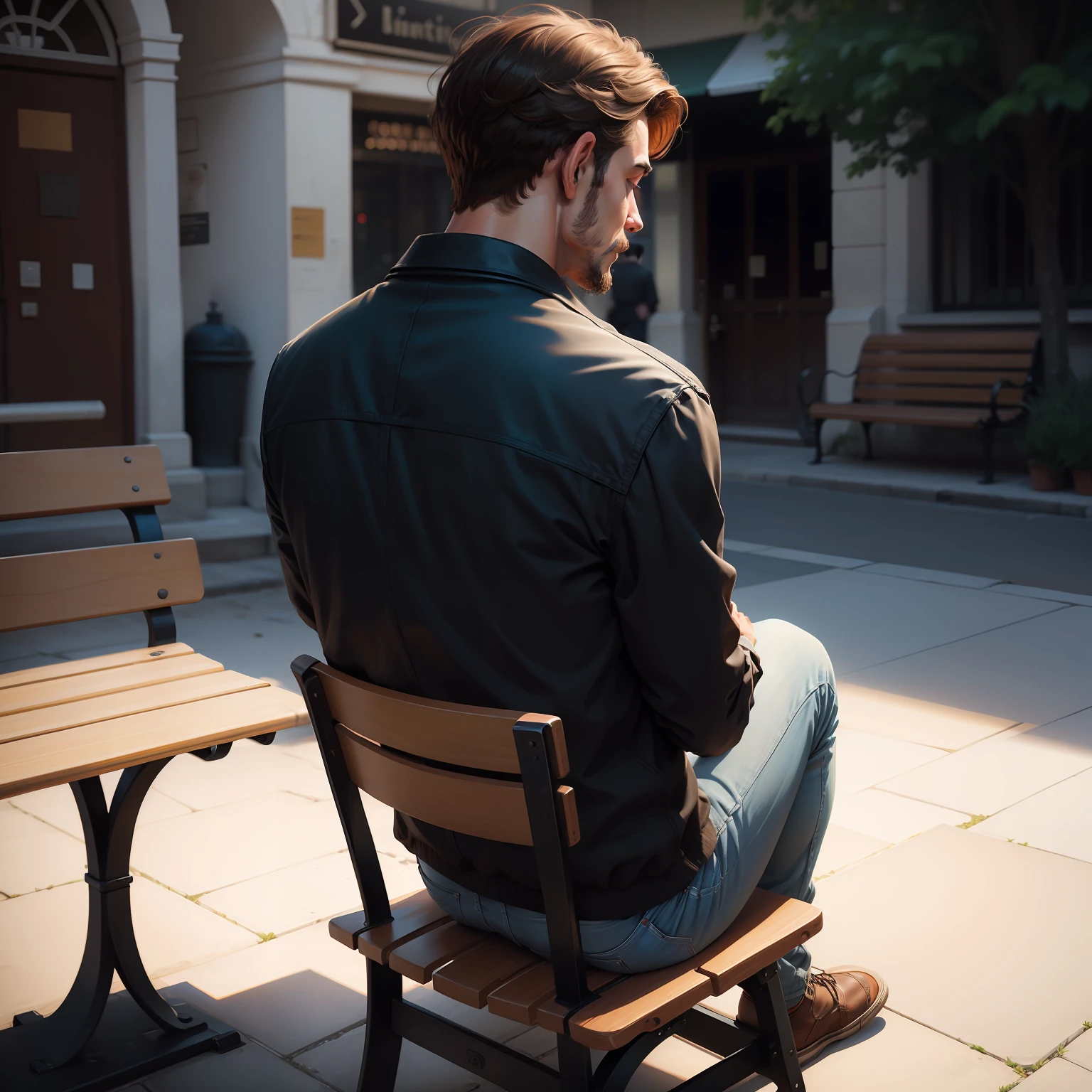 man sitting with his back on a bench alone, digital painting