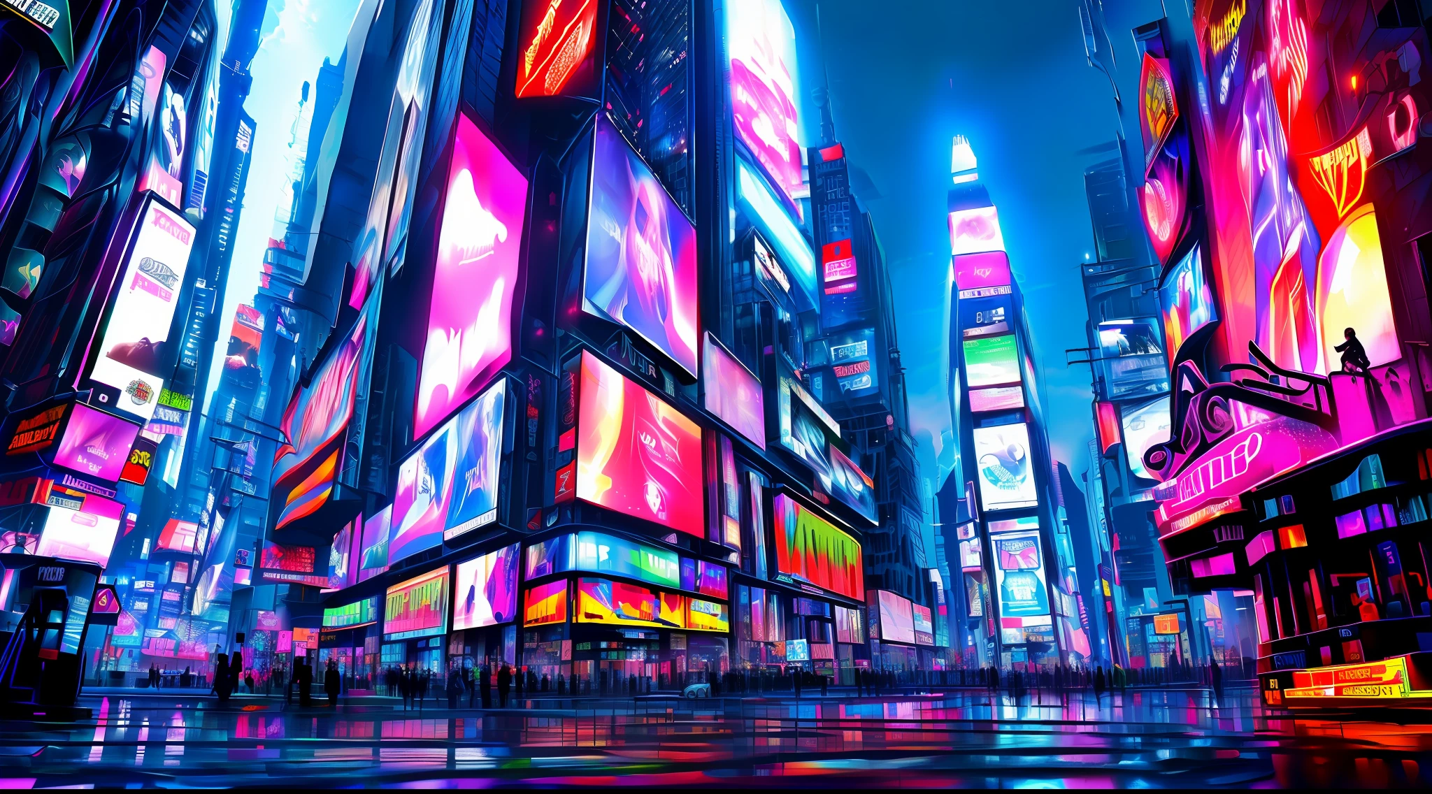 A media calle de Times Square, cyberpunk, realista, noche oscura