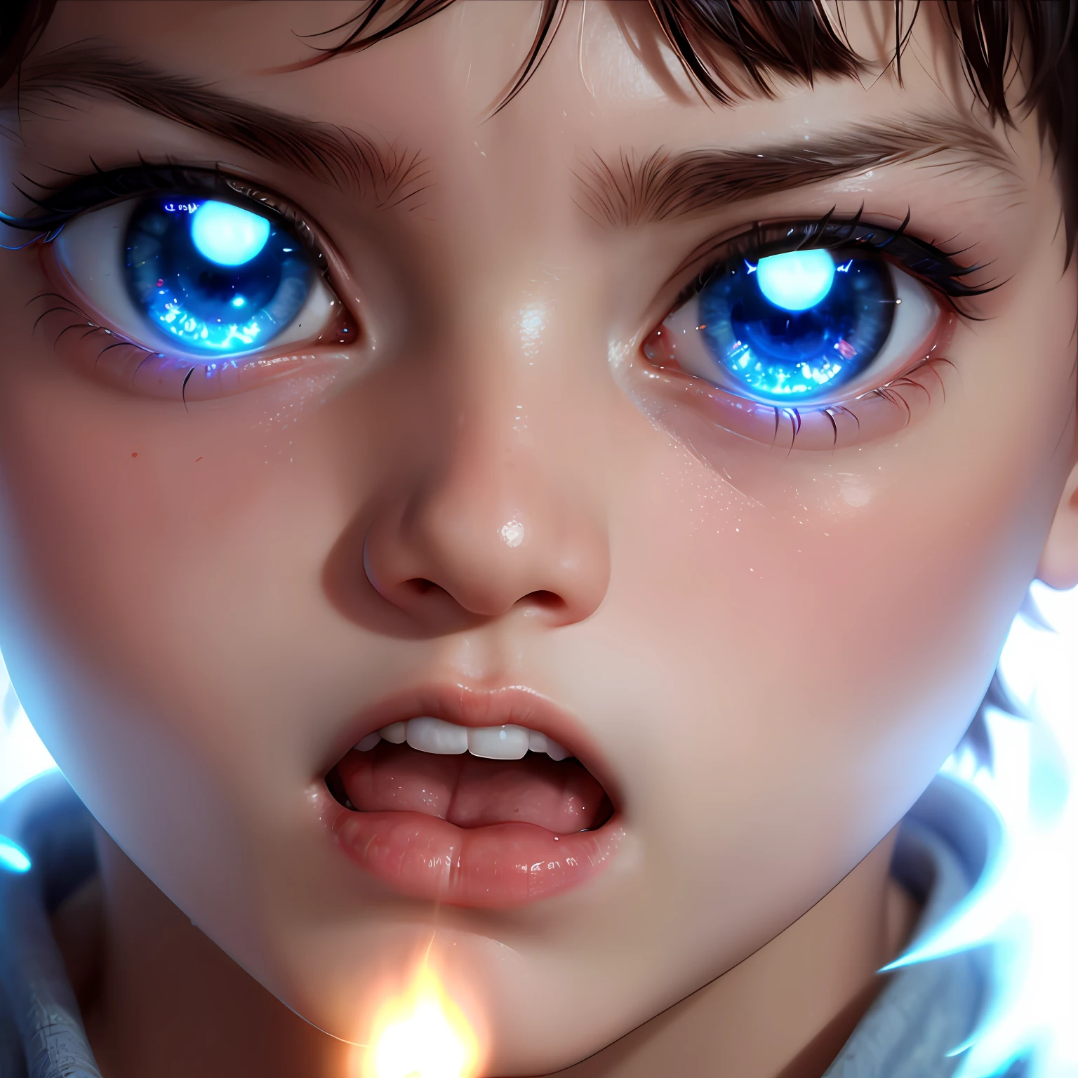 1boy , angry , close up shot , light relflection in his eyes , glowing particles