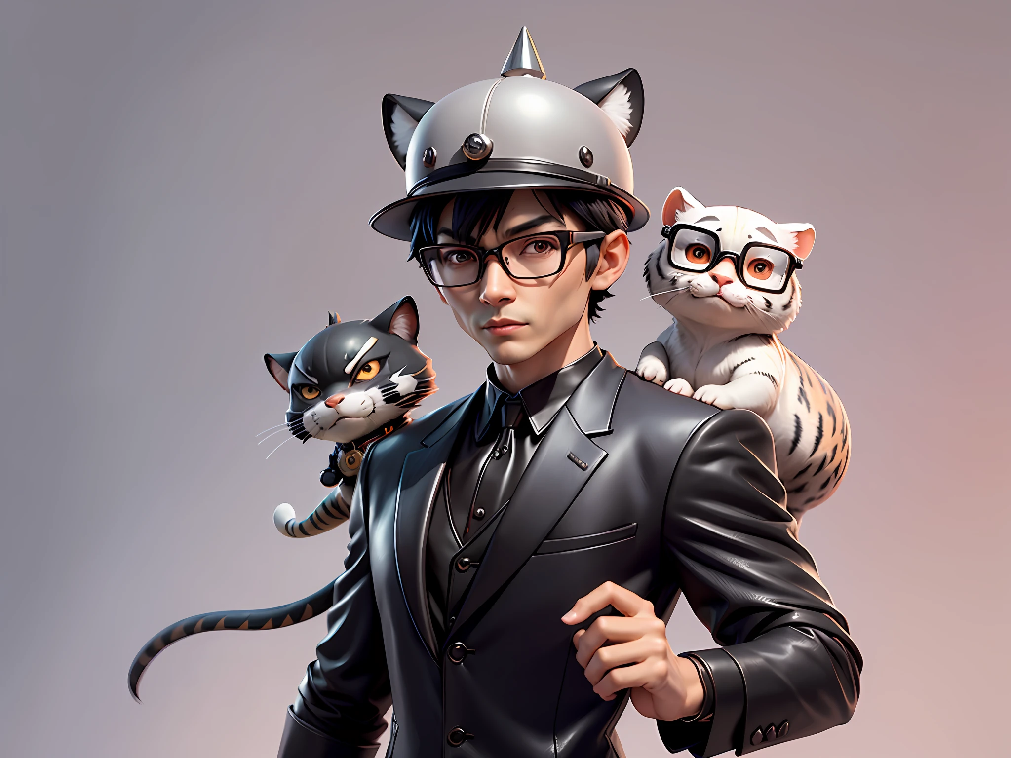 Young man with oriental face in leather hat, tiger, oriental face in formal suit, short black hair, silver glasses, digital painting, 3D character design by Mark Clairedon and Pixar and Hayao Miyazaki and Akira Toriyama, the illustration is a high-definition illustration in 4K resolution with very detailed facial features and cartoon-style visuals.