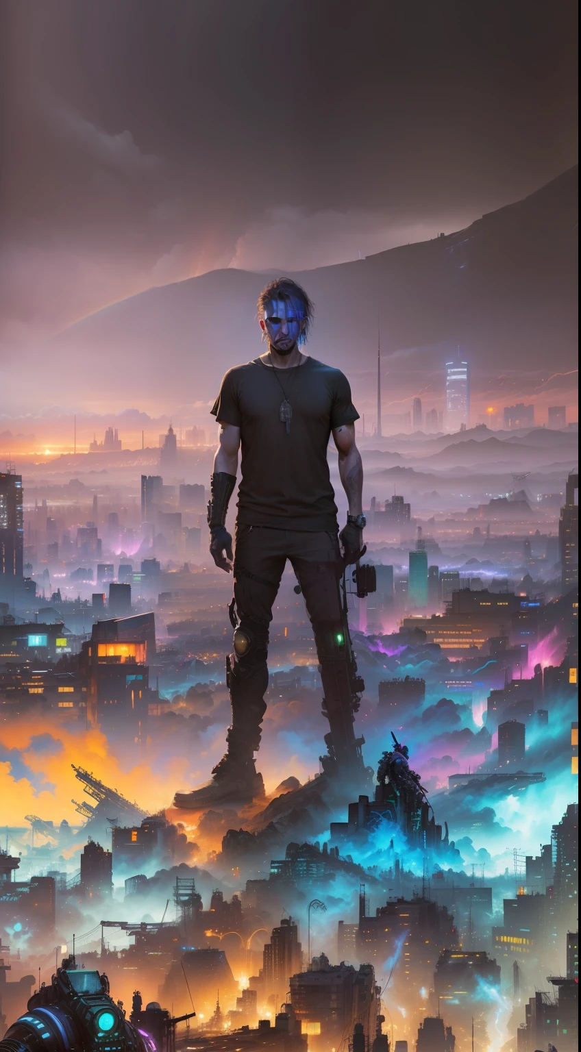 (masterpiece) highly detailed RAW, a post-apocalyptic man, cyberpunk city themed rainbow vivid, hassanfantasy style, by Jeremy Mann and Donato Giancola ultra realistic highly detailed intricate photorealistic and my original face same to same my face