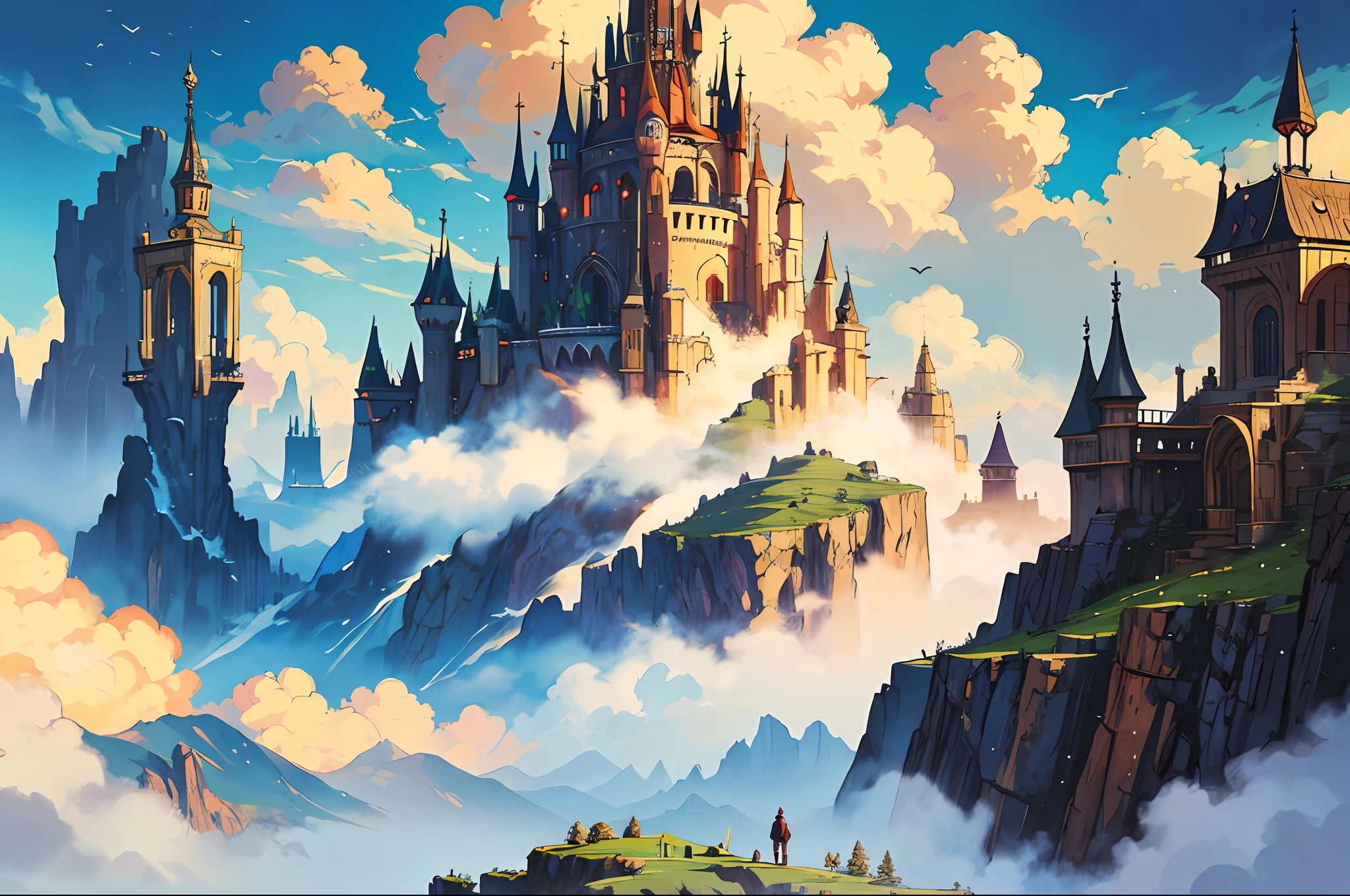 masterpiece, best quality, fantasy landscape, (high fantasy:1.3), kingdom in the clouds
