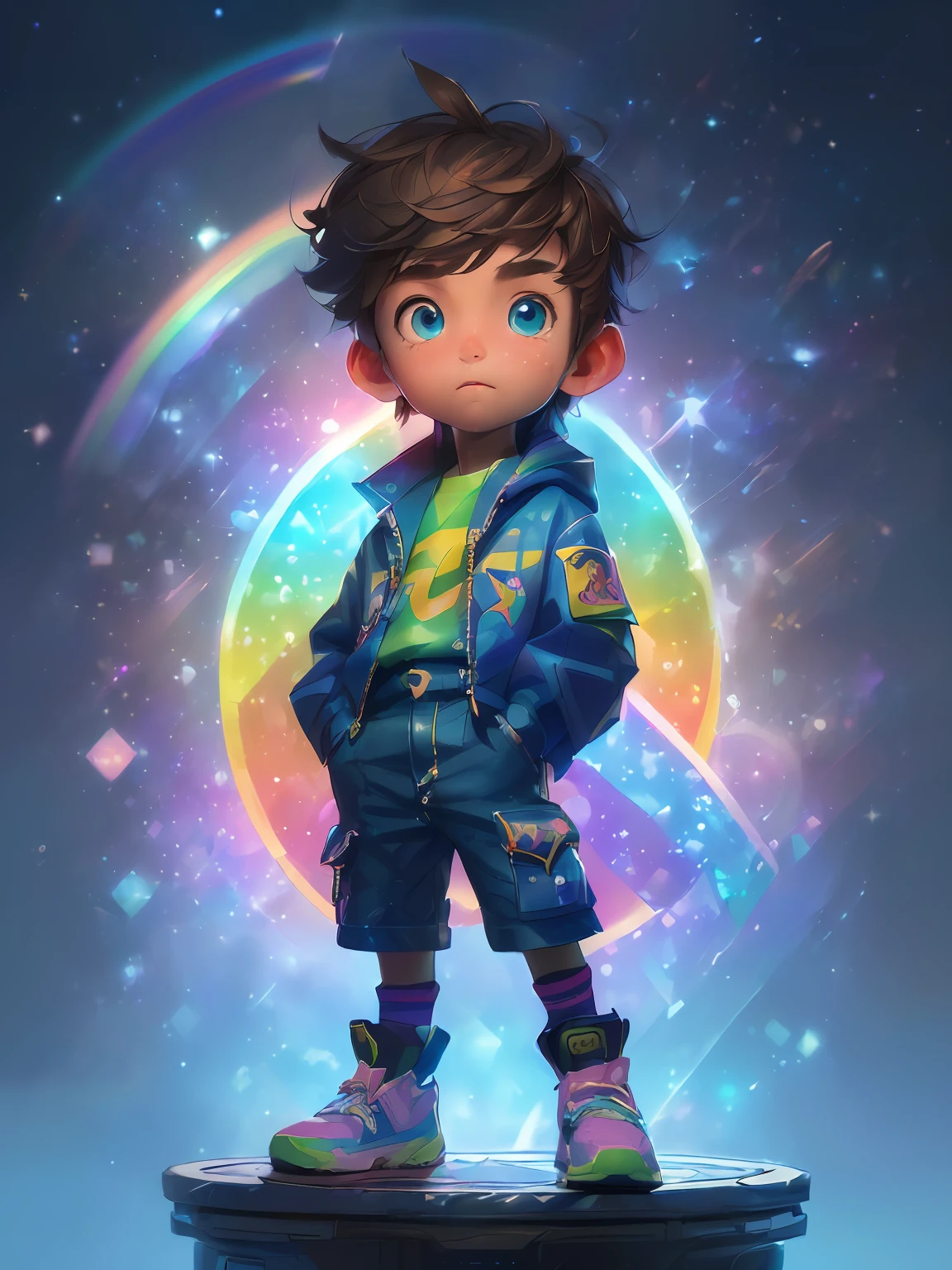 (((Rainbow Daytime Sky)), 10 years old boy, towards the future, masterpiece, highest quality, ((Photorealistic: 1.4)) Masterpiece, illustration, very delicate and beautiful, highly detailed CG, 8k wallpaper, amazing, fine detail, highly detailed CG Unity 8k wallpaper, huge file size, super detail, ultra high resolution, high resolution, very detail, (( Very detailed eyes and face)), beautiful detailed eyes, very detailed face, perfect lighting, face light, natural colors, ((10-year-old boy)), departure, (rough style with the whole body including both legs)), the future is bright, (((rainbow daytime sky)), lights from the front, glowing eyes,