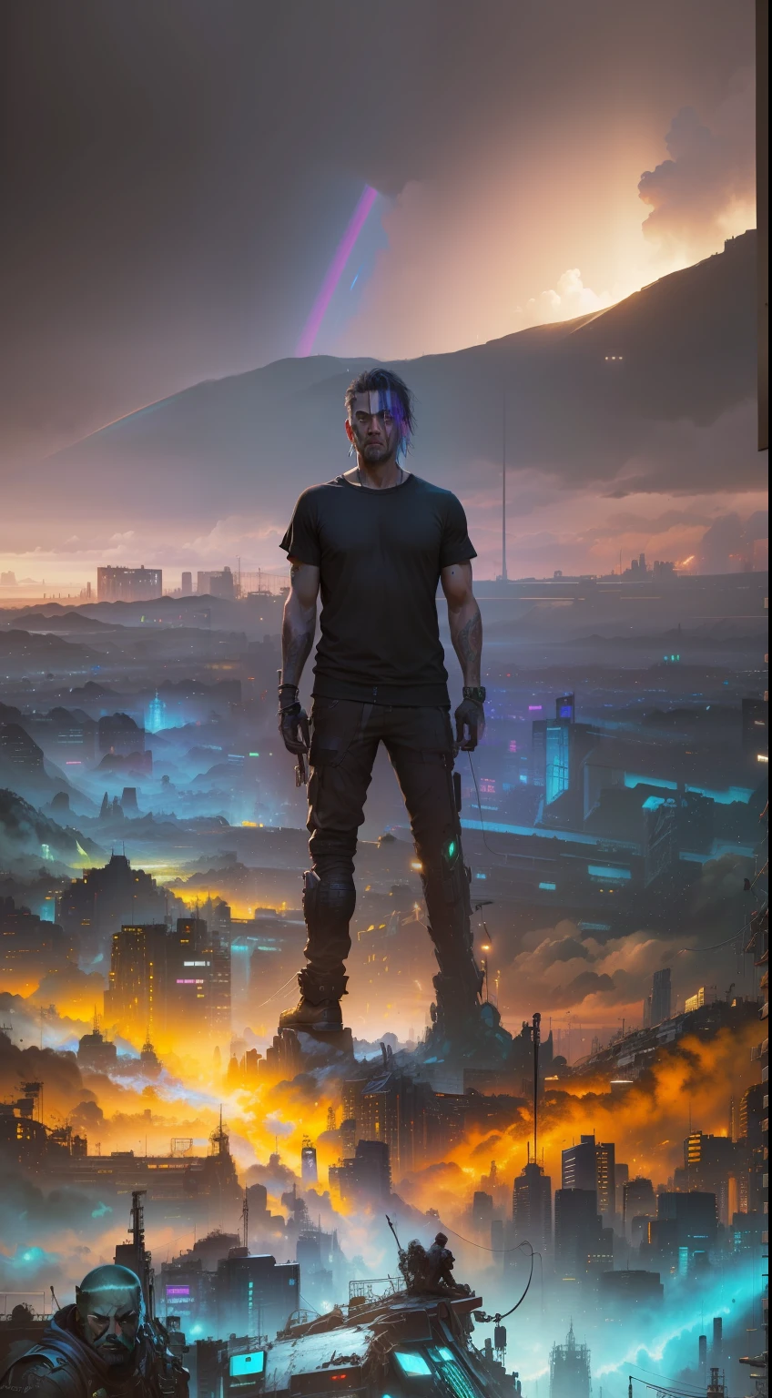 (masterpiece) highly detailed RAW, a post-apocalyptic man, cyberpunk city themed rainbow vivid, hassanfantasy style, by Jeremy Mann and Donato Giancola ultra realistic highly detailed intricate photorealistic and my original face same to same my face