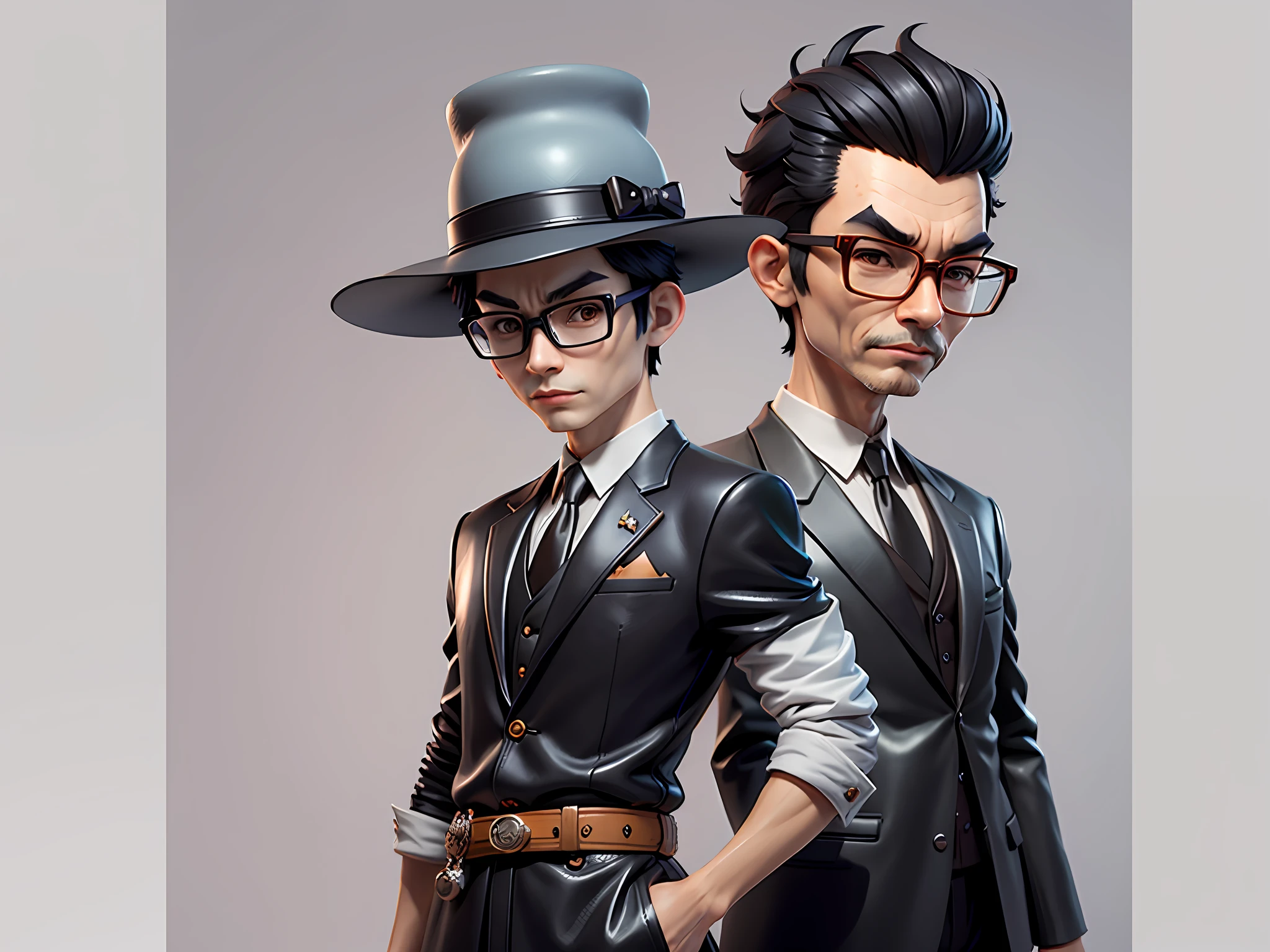 Young man with oriental face in leather hat, tiger, oriental face in formal suit, short black hair, silver glasses, digital painting, 3D character design by Mark Clairedon and Pixar and Hayao Miyazaki and Akira Toriyama, the illustration is a high-definition illustration in 4K resolution with very detailed facial features and cartoon-style visuals.