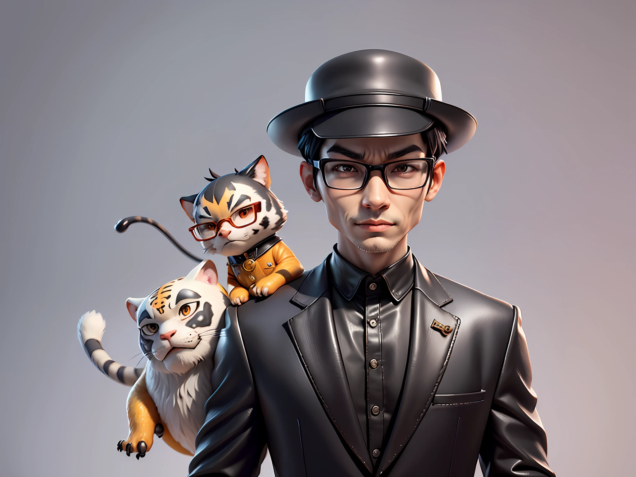 Young man with oriental face in leather hat, tiger, oriental face in formal suit, short black hair, silver glasses, digital painting, 3D character design by Mark Clairedon and Pixar and Hayao Miyazaki and Akira Toriyama, the illustration is a high-definition illustration in 4K resolution with very detailed facial features and cartoon-style visuals.