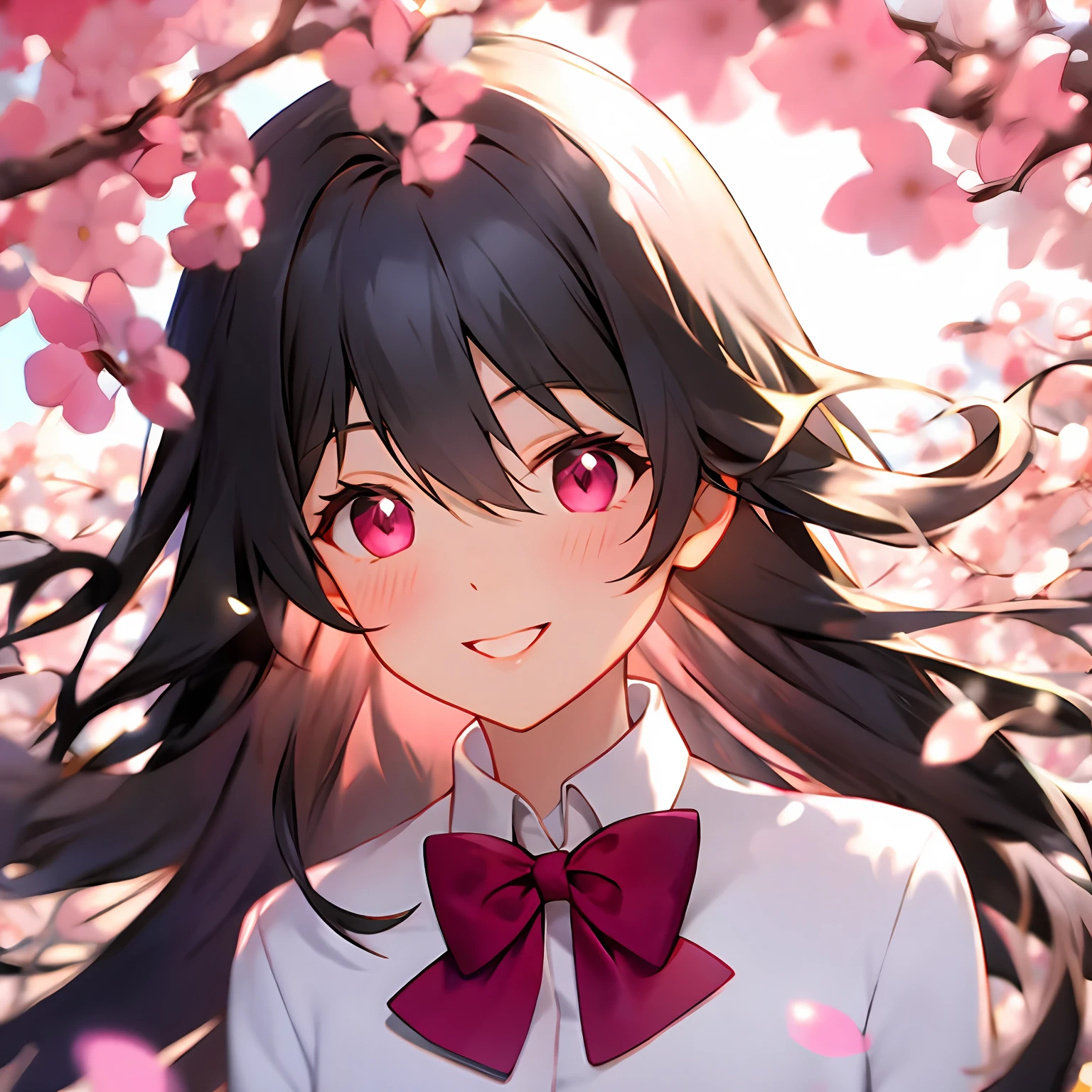 animemanga girl，cabelos preto e longos，Student uniform，Pink cherry blossom background，Red bow tie，Pink eyes，Warm sunshine，ssmile，gentleness，high qulity，finely quality eyes，hair flowing，Flower petals flying，Take a picture of Scissorhands，No bangs