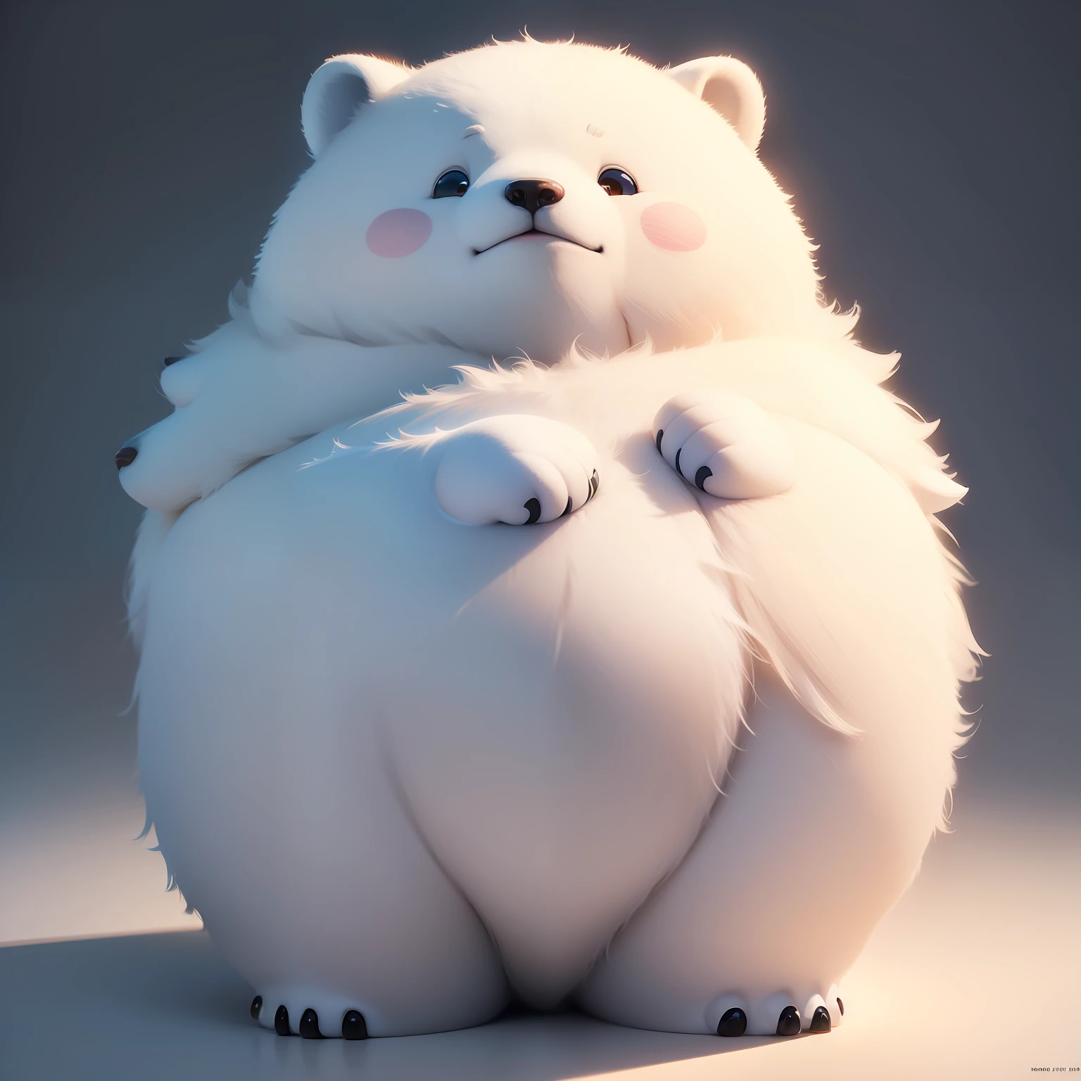 It is an image that expresses a polar bear that greets with a smile as a cute character.。The main color is pink、Secondary colors are ice blue and fluffy white。In cartoon style、Cute atmosphere of chibi characters。Fluffy and cousins also incorporate this texture、Drawn with round and soft lines、With a soft line、Draw a polar bear character with a smile in a soft form。film like、Mark Leiden、Pixar、Character design by Hayao Miyazaki、Unreal 5、daz、Hyper-realistic、Octane Render、3DMDT1