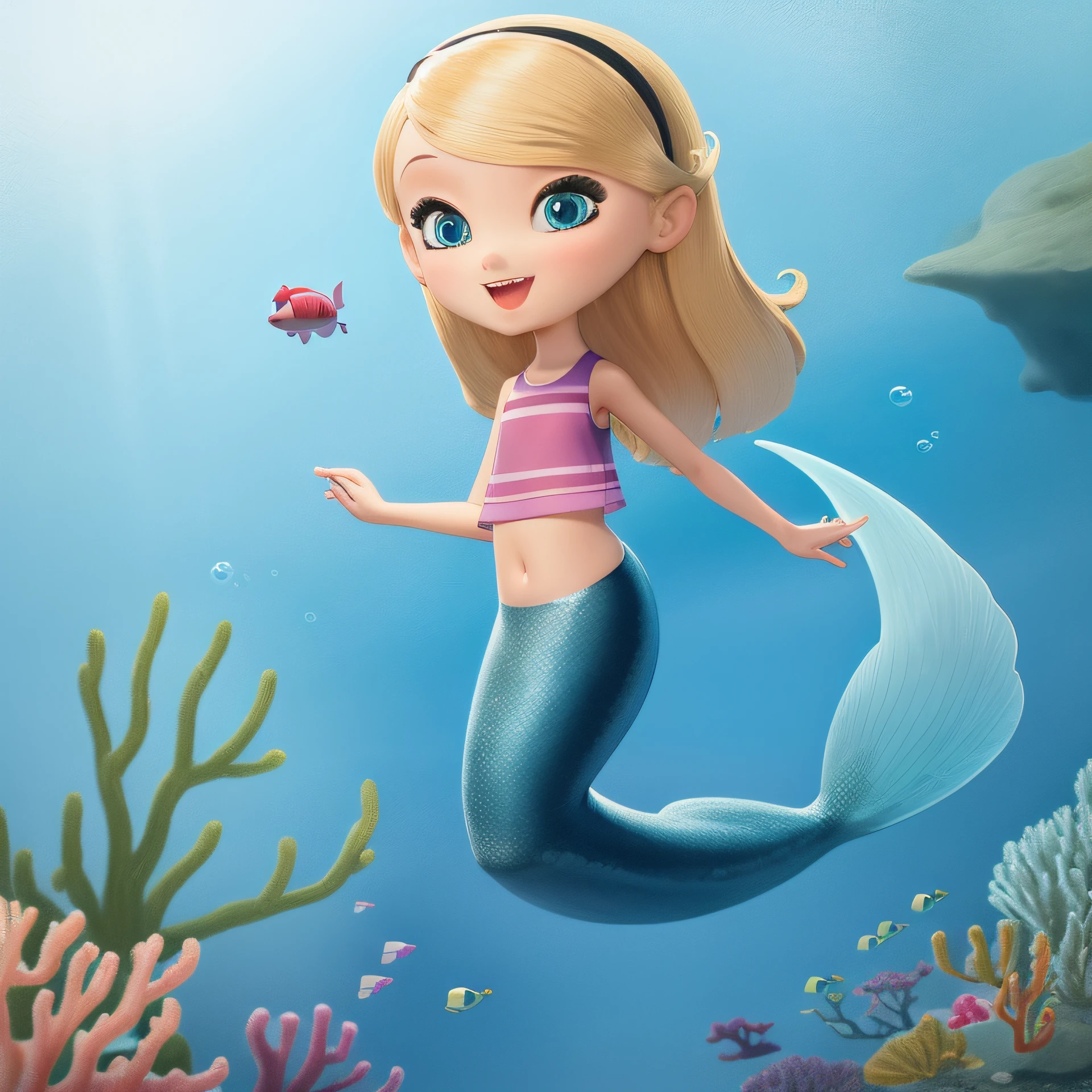 1girl, solo, 9-year old, child, full body, mermaid, mergirl, floating blonde hair, purple headband, blue eyes, pink sleeveless crop top, purple tail,teal fin, excited, beautiful art, swimming, under the sea, bubbles, adorable art.