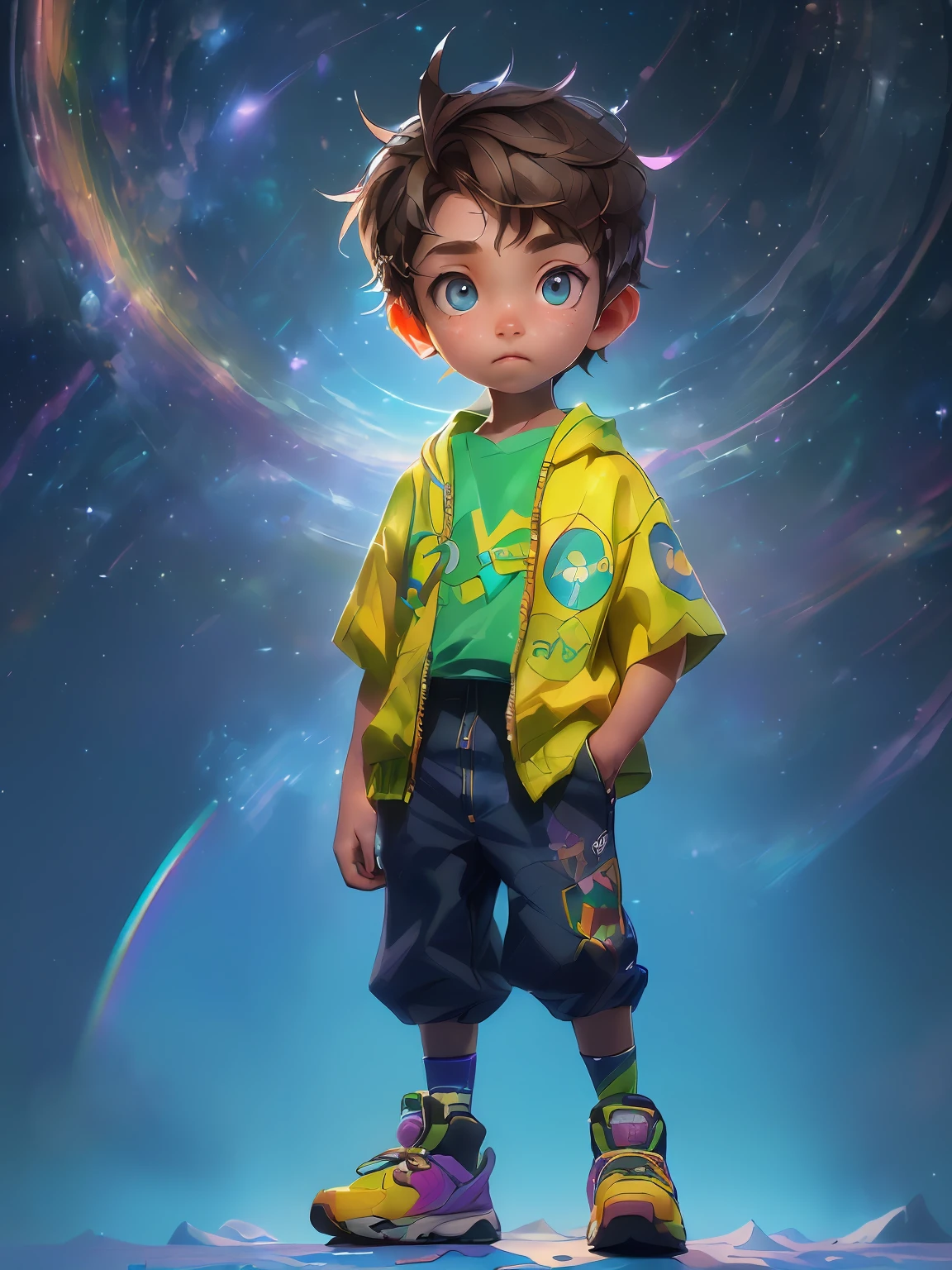 (((Rainbow Daytime Sky)), boy, towards the future, masterpiece, highest quality, ((Photorealistic: 1.4)) Masterpiece, illustration, very delicate and beautiful, highly detailed CG, 8k wallpaper, amazing, fine detail, highly detailed CG Unity 8k wallpaper, huge file size, super detail, ultra high resolution, high resolution, very detail, (( Very detailed eyes and face)), beautiful detailed eyes, very detailed face, perfect lighting, face light, natural colors, ((10-year-old y))partu (rough style with the whole body including both legs)), the future is bright, (((rainbow daytime sky)), lights from the front, glowing eyes,