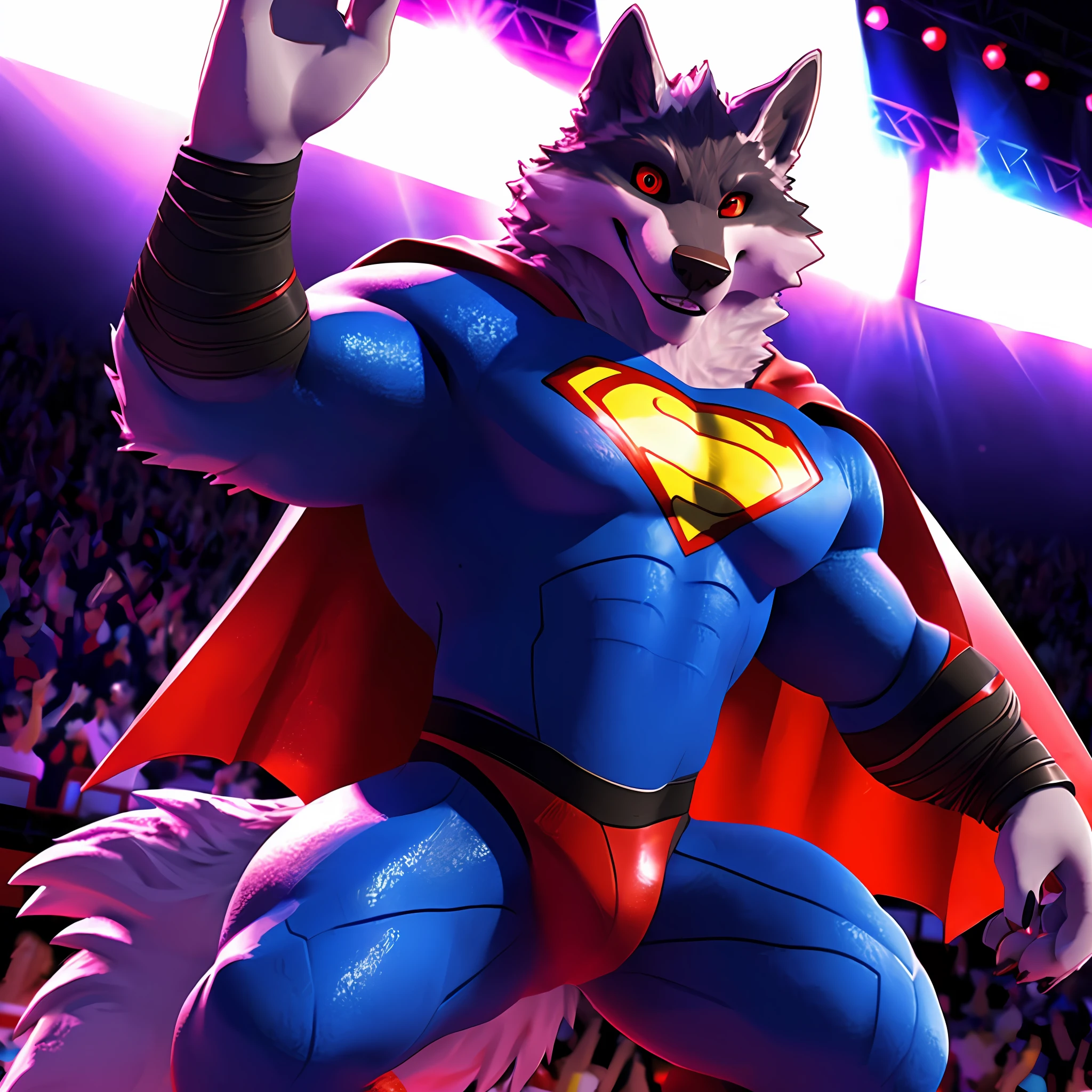 Death Wolf using the cosplay of superman flying around saving the gay audience in his arms and lastly looking at the viewer with his very sensual red eyes a very sensual smile 3D ULTRA HD 8K