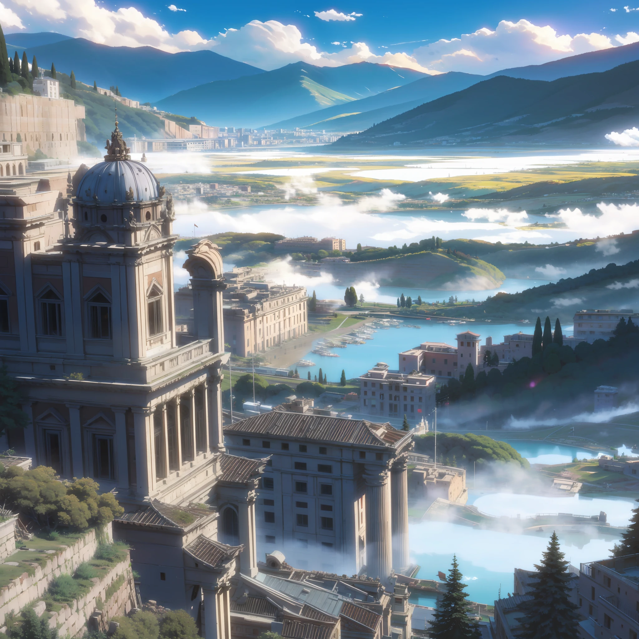 A view of a rome city, palaces, rocky mountains, ruin, clouds, mountains, fog, columns, lake, (Makoto Shinkai style)