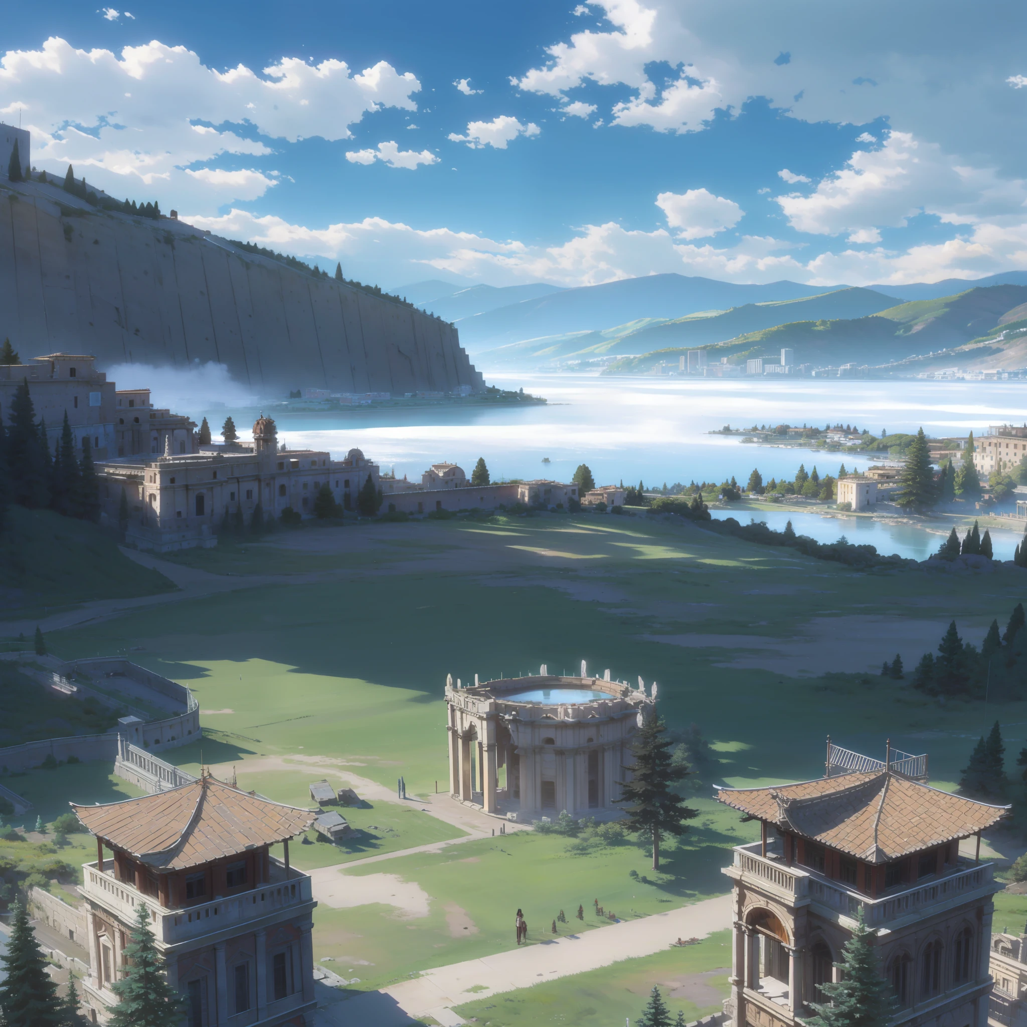 A view of a rome city, palaces, rocky mountains, ruin, clouds, mountains, fog, columns, lake, (Makoto Shinkai style)
