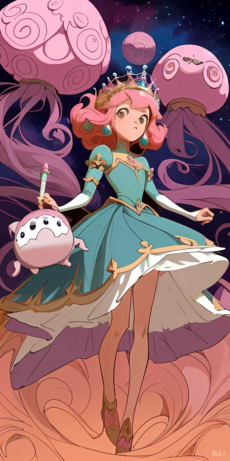 um desenho animado de uma mulher em um vestido rosa e uma coroa, desenho animado do tempo da aventura, No Mundo da Hora da Aventura, Estilo Hora de Aventura, pink iconic character, cabelo longo chiclete, absurdista blob em um vestido, Finn de Hora de Aventura, alien princess, princess intergalactica, armadura rosa simplificada, princesa anime, paleta de cores do tempo de aventura, Madeline, Celeste, standingn