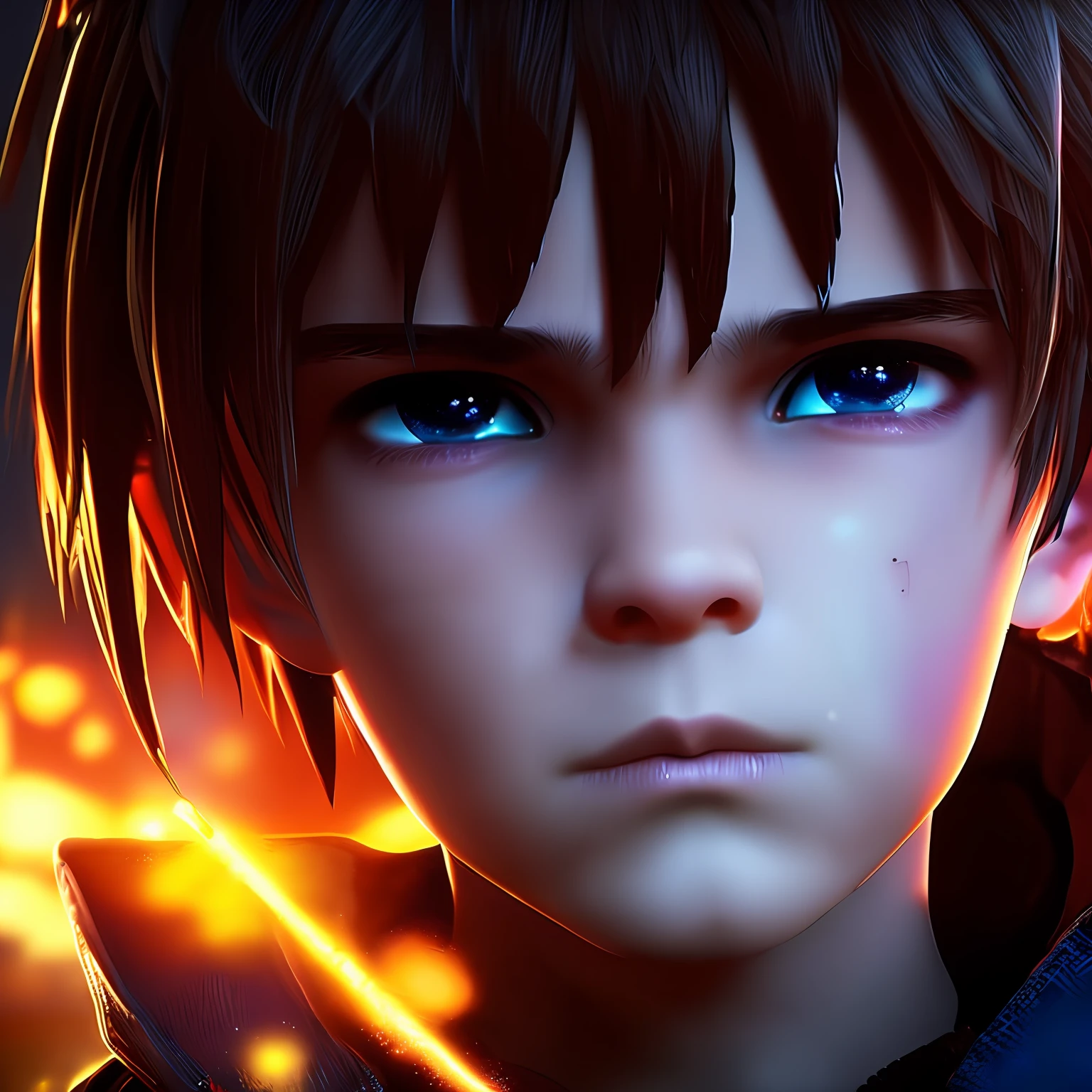 1boy , angry , close up shot , light relflection in his eyes , glowing particles