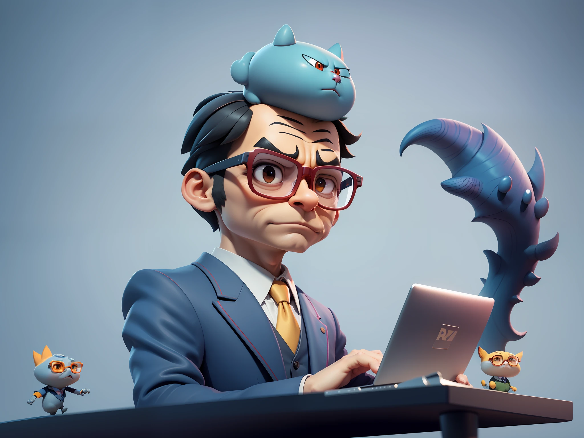 A young man in a suit, Short hair and glasses sat at his desk,holding laptop,digitial painting,tigre,3D character design by Mark Clairen and Pixar and Hayao Miyazaki and Akira Toriyama,4K HD illustration,Very detailed facial features and cartoon-style visuals。
