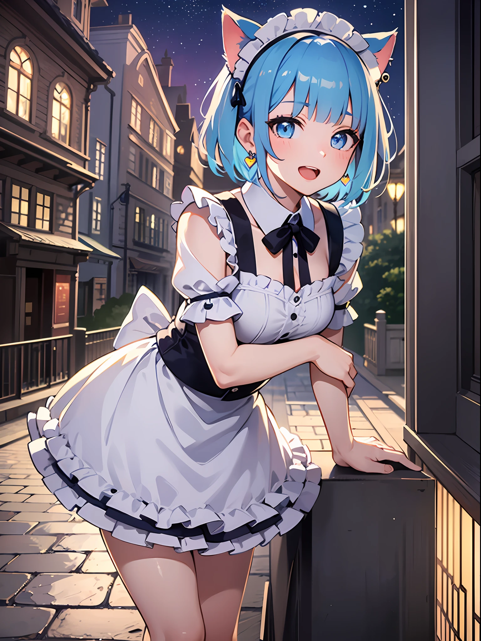(masterpiece:1.3), (best quality:1.3), high resolution,
couboy shot,
leaning forward, body facing forward,
(one cute girl:1.3), solo,
white skin, small Breast, eight-headed person,
light blue hair, (bobbed hair:1.2), (short hair:1.1), (blunt bangs:1.2), beautiful hair, blue eyes, beautiful detailed eyes,
open mouth, heart, cheerful smile,
maid, cat ears, earrings,
outdoors, moon, medieval western town, (night:1.2),
shadowlighting,