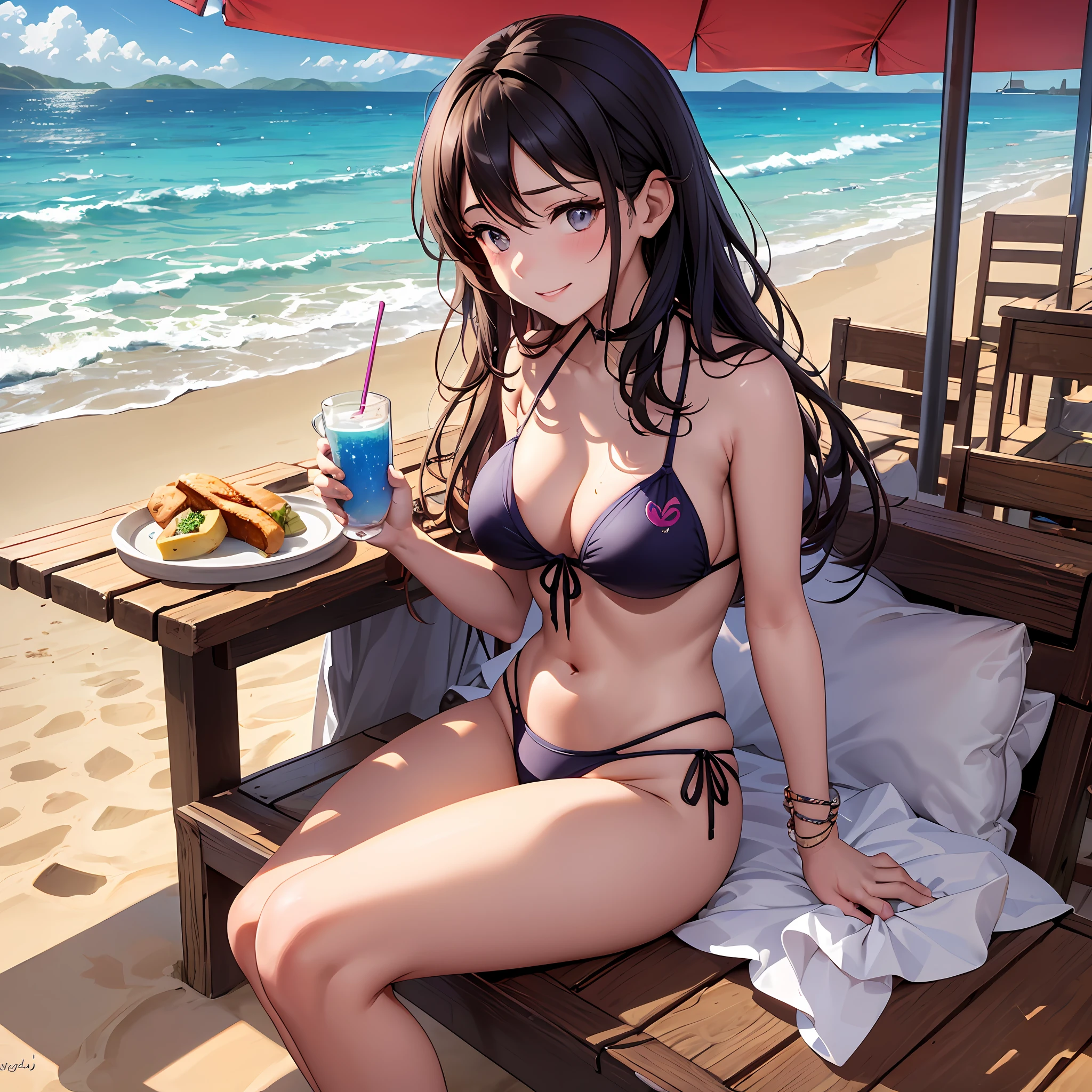 In the vibrant summer heat, an 18-year-old beautiful girl named Maya began her part-time job at a beachside café. With her golden hair cascading like sunbeams and her eyes reflecting the azure waters, Maya's allure mirrored the carefree spirit of the season. Excitement and butterflies danced within her as she donned the café's signature bikini uniform. Although initially unsure, she felt a newfound sense of empowerment as she embraced her body with confidence. As the day unfolded, Maya's radiant smile and friendly demeanor charmed the café's patrons. She glided across the sandy floor, carrying trays of tropical delights, her feet feeling the soft touch of the beach beneath. She served refreshing fruit juices and savory dishes that tantalized taste buds. Each interaction became an opportunity to brighten someone's day, and the genuine connections she made with customers warmed her heart. Amidst the joyful atmosphere, Maya noticed a young boy, Ethan, sitting alone at a table. His demeanor seemed somewhat reserved, and Maya sensed a hint of sadness. Determined to make him smile, she approached with a bright smile and struck up a conversation. Ethan shared how he'd come to the beach every summer with his late father, who had recently passed away. Maya's heart went out to him, and she decided to be a source of comfort. Throughout the day, Maya made it a point to spend time with Ethan, sharing stories and laughter. As the sun began to set, they built sandcastles and chased seagulls, laughter echoing across the shore. The bond that formed between Maya and Ethan became a cherished friendship. The café's regulars and staff watched in awe as Maya's caring nature uplifted the young boy's spirits. As summer days passed, Maya's confidence blossomed, not just in her appearance but also in her ability to touch lives. She realized that her bikini was more than just a uniform—it symbolized her journey of self-acceptance and the strength to make a difference in this world.
