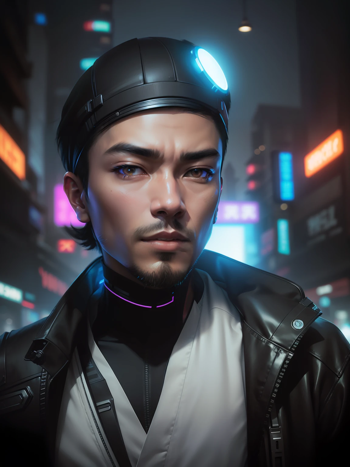 My original face and Create an Asian man cyberpunk style, futuristic background, short hair, futuristic clothes, (best quality), ((1:1 resolution), (face centered in the center of the image), avatar photo only, (head + shoulders), 8k resolution, realistic photo, neon lights, (technology elements), (film grain).