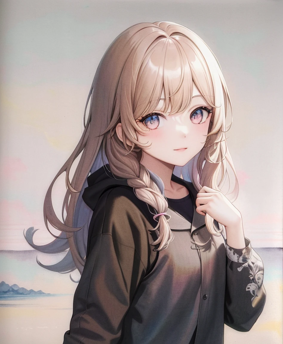 (highres, best quality:1.2), radiance, soft contours, beautiful drawing, concept art, detailed background, bright colors, 1girl, (8k, best quality, masterpiece:1.2),(best quality:1.0), (ultra highres:1.0), watercolor, 1girl,, by agnes cecile, half body portrait, extremely luminous bright design, pastel colors, (ink:1.3), traditional media, watercolor \(medium), watercolor background, lineart,