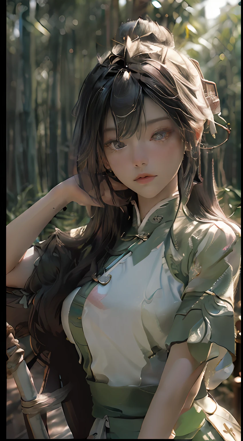(Best Quality), ((Masterpiece), (Detail: 1.4), 3D, A Beautiful Chinese Female Cultivator in a bamboo forest, HDR (High Dynamic Range), Ray Tracing, NVIDIA RTX, Super-Resolution, Unreal 5, Subsurface Scattering, PBR Textures, Post-Processing, Anisotropic Filtering, Depth of Field, Maximum Sharpness and Clarity, Multi-layer Textures, Albedo and Highlight Maps, Surface Shading, Accurate simulation of light-material interactions, perfect proportions, Octane Render, two-color light, large aperture, low ISO, white balance, rule of thirds, symmetrical, 8K RAW,