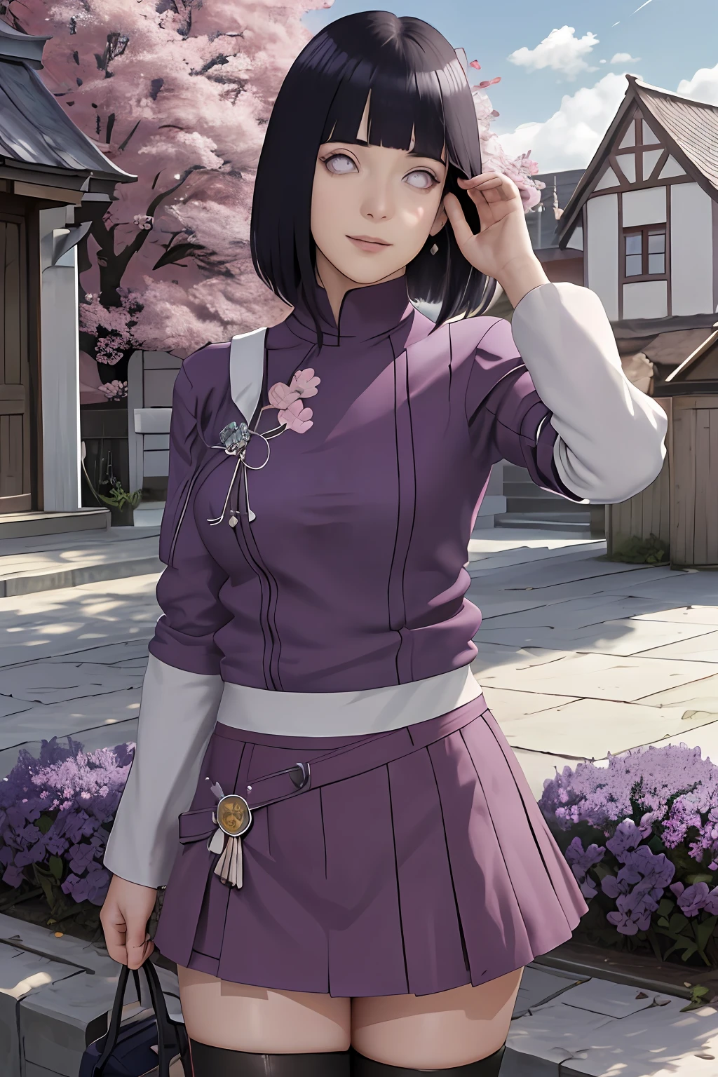 Meisterwerk, absurdres, Hinata\(Boruto\), 1girls, nur,reifes Weibchen, lila Kapuzenpullover,layered sleeves, braune Hose,  al fresco,Lavendelblütenfeld, Blick auf den Betrachter, (falling petals), overcast sky, Perfekte Komposition, Detaillierte Lippen, large chest, Beautiful face, Body Propotion, flush, (rosa Lippen), Lange Haare,  lila Augen,  Sanfter Blick, sad smile, (((langer roter Schal))),  Super realistisch, Detailliert, Fotoshooting, Realistic face and body