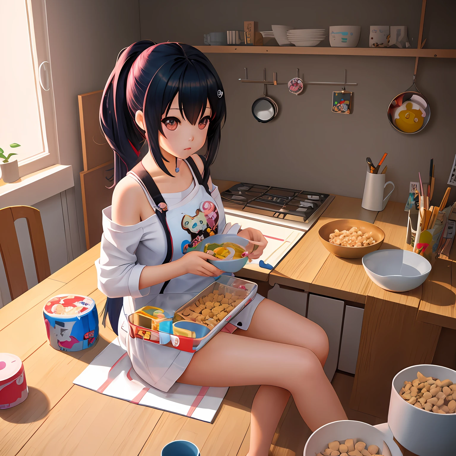 Anime girl with bowl of cereal and other toys, cute detailed digital art, adorable digital painting, Cute digital art, artwork in the style of guweiz, kawaii realistic portrait, guweiz, cute art style, cute detailed artwork, guweiz on artstation pixiv, trending on cgstation, guweiz on pixiv artstation, cute artwork