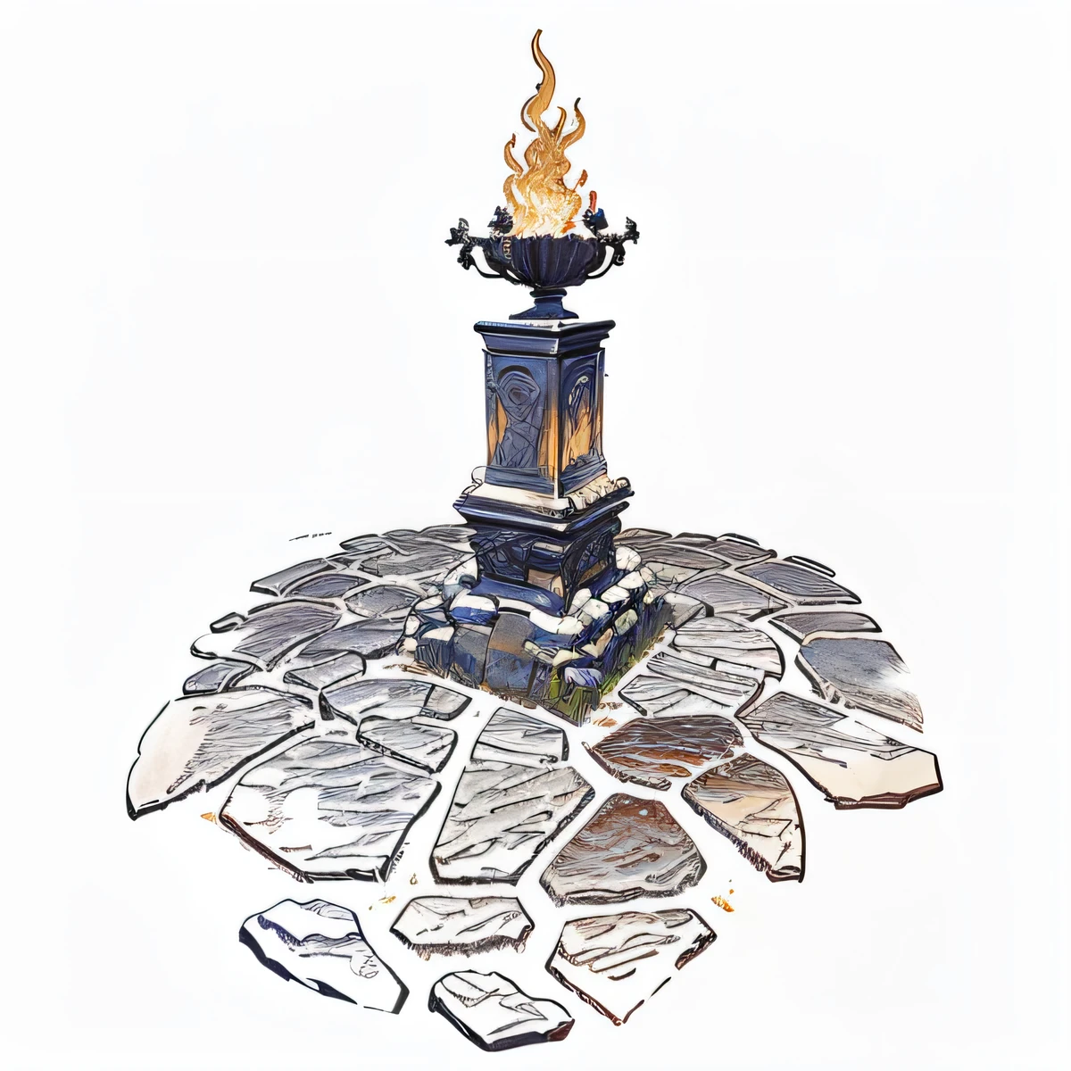 Stone pyre with a bronze basin with a magical flame on top of it, oil-painting, tochas, stone floor. full-page illustration, illustration detailed. full-page illustration, Sacrifice at the Altar, Directed by: Tom La Padula, inspirado em Anne-Louis Girodet, monumento