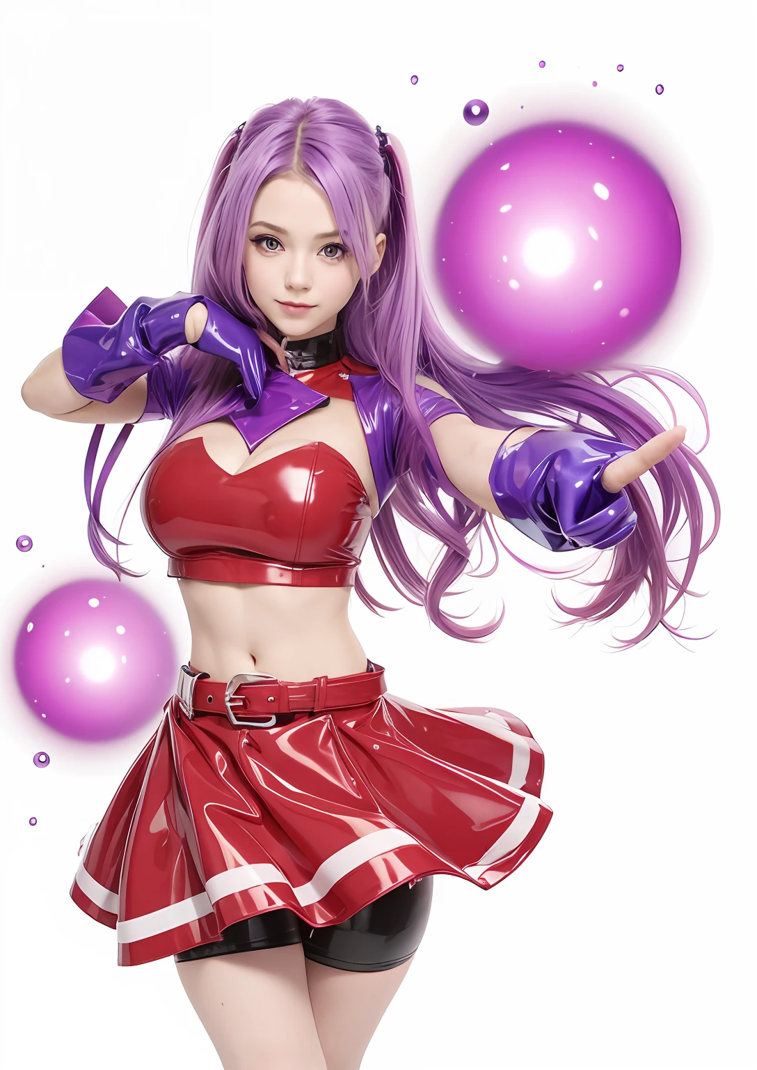 cute girl,purple hair,latex red tops,navel,red skirt with black belt,blue hand gloves