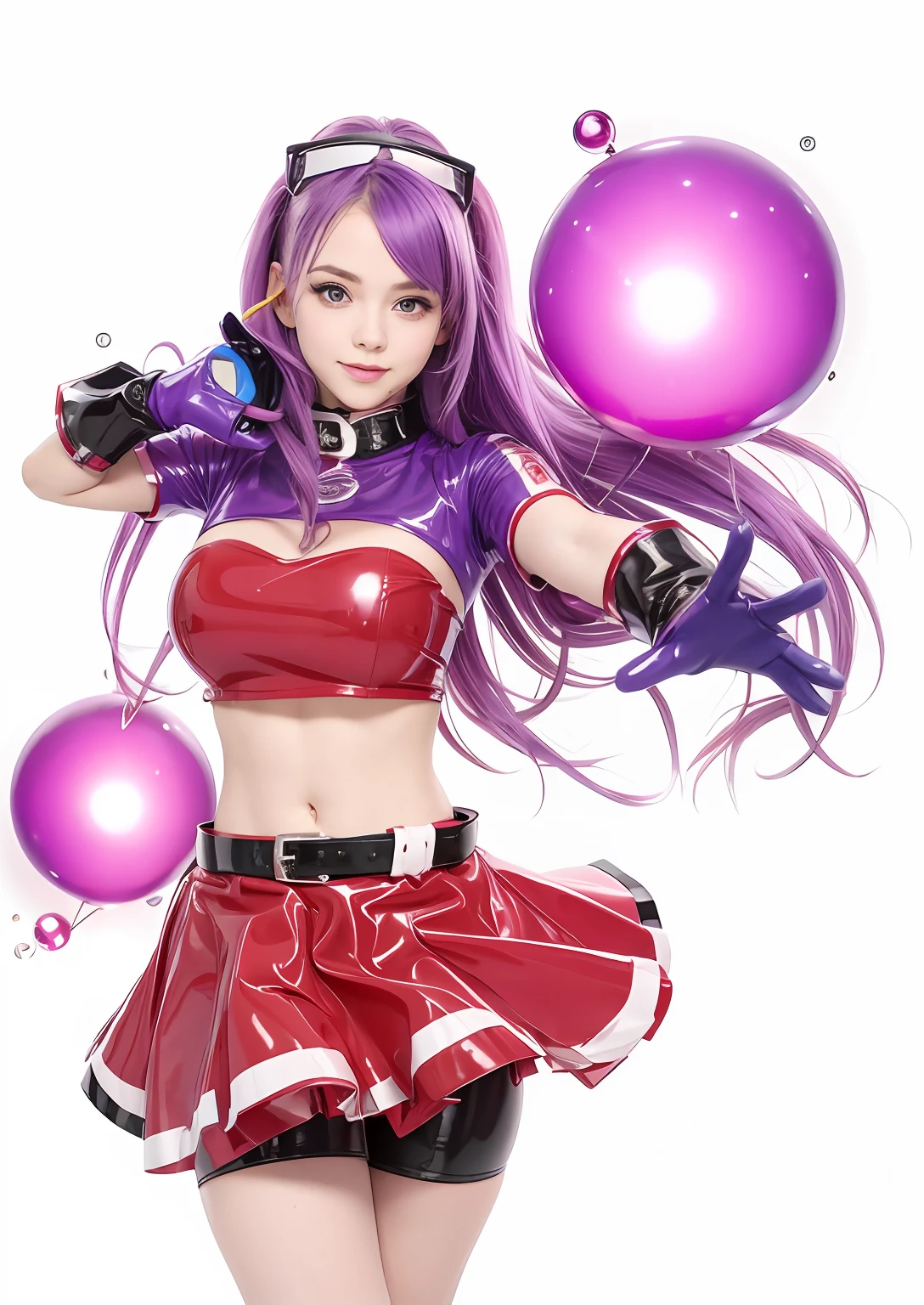 cute girl,purple hair,latex red tops,navel,red skirt with black belt,blue hand gloves
