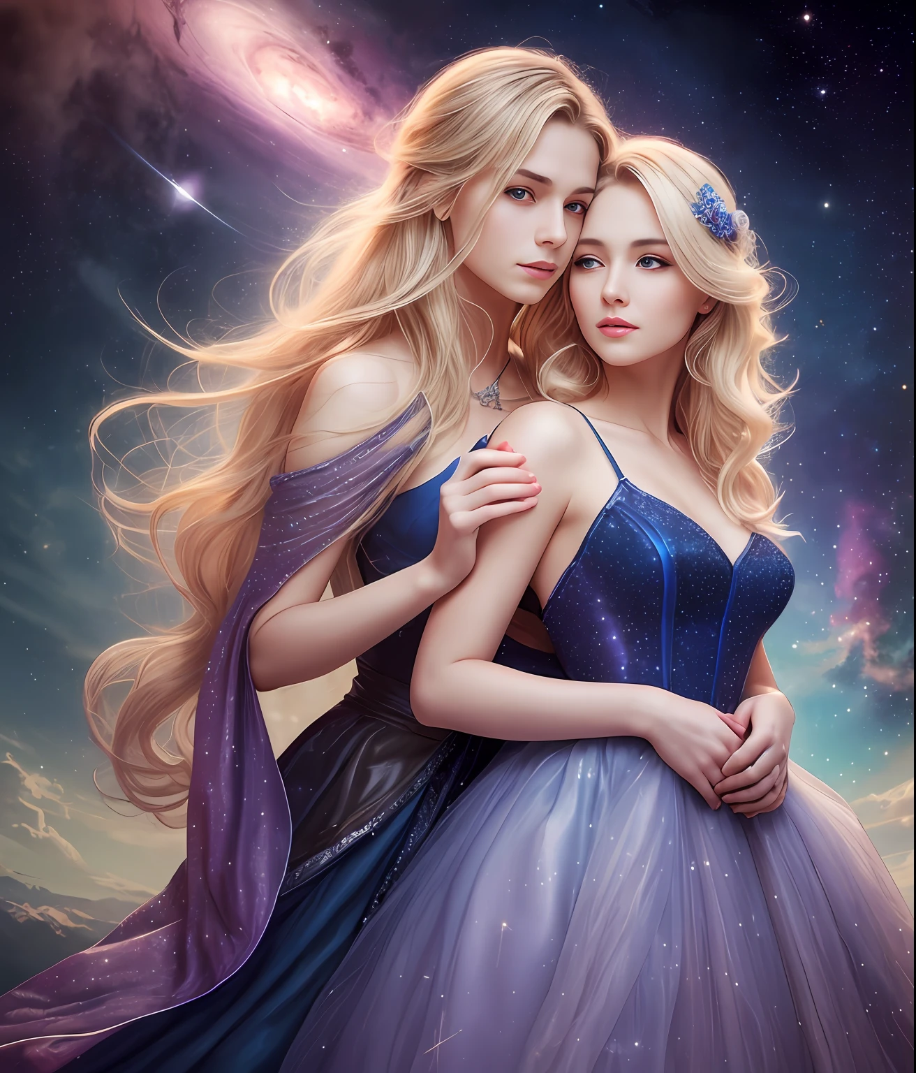 Beautiful realistic photo, full body photographed, foto realista, (Correct anatomy of the hands), Girl 20 years old, with blonde hair, Dressed in a blue dress, hair light, beatiful face, With clean skin, detailing, Correct anatomy of the hands; beatiful face, Clean skin, In the background is a cosmic sky with stars,  romance novel cover, Genre Photography Beautiful Realistic Photography, hair light, beatiful face, Clean skin, romance novel cover, romance book cover, Romantic Fantasy, Book Cover Style, novel,  Cover of the novel, Gender portrait