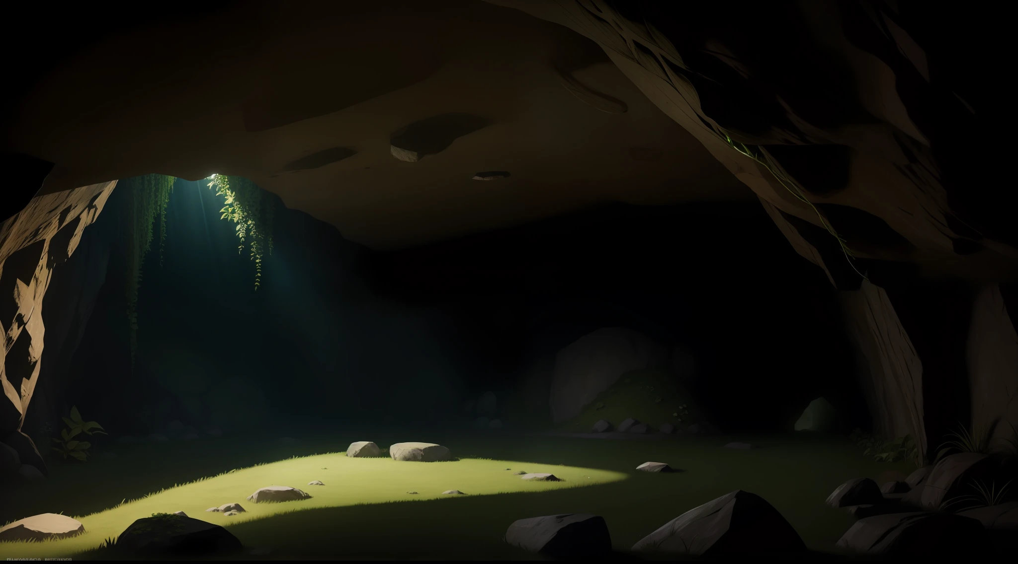 underground cave, a dim magic light, green plants
