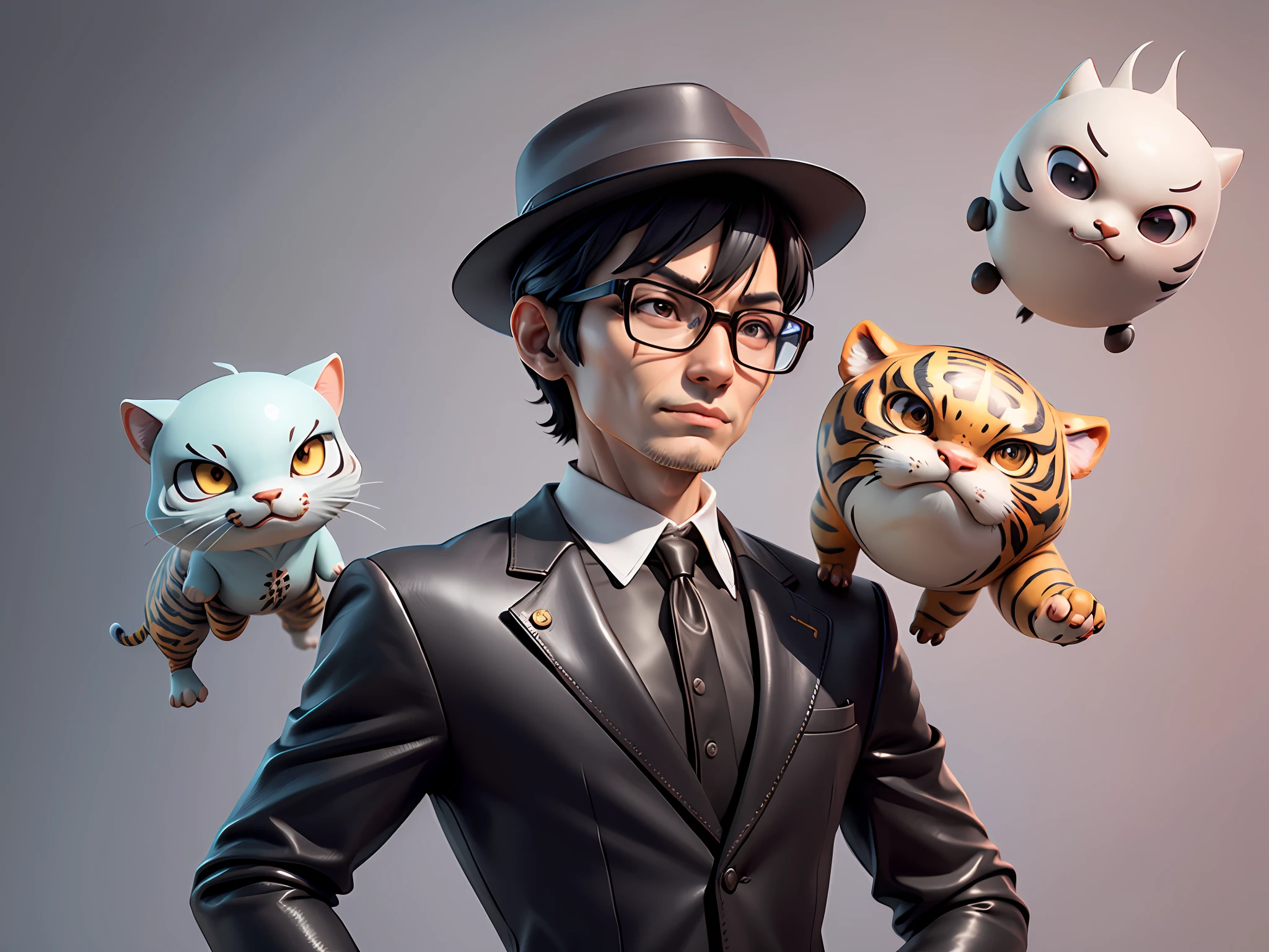 Young man with oriental face in leather hat, tiger, oriental face in formal suit, short black hair, silver glasses, digital painting, 3D character design by Mark Clairedon and Pixar and Hayao Miyazaki and Akira Toriyama, the illustration is a high-definition illustration in 4K resolution with very detailed facial features and cartoon-style visuals.