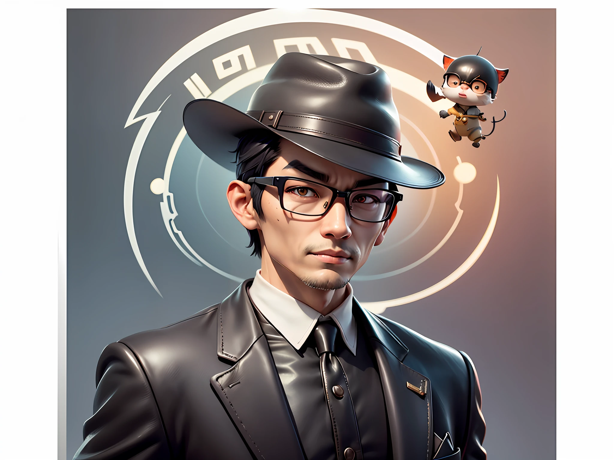 Young man with oriental face in leather hat, tiger, oriental face in formal suit, short black hair, silver glasses, digital painting, 3D character design by Mark Clairedon and Pixar and Hayao Miyazaki and Akira Toriyama, the illustration is a high-definition illustration in 4K resolution with very detailed facial features and cartoon-style visuals.