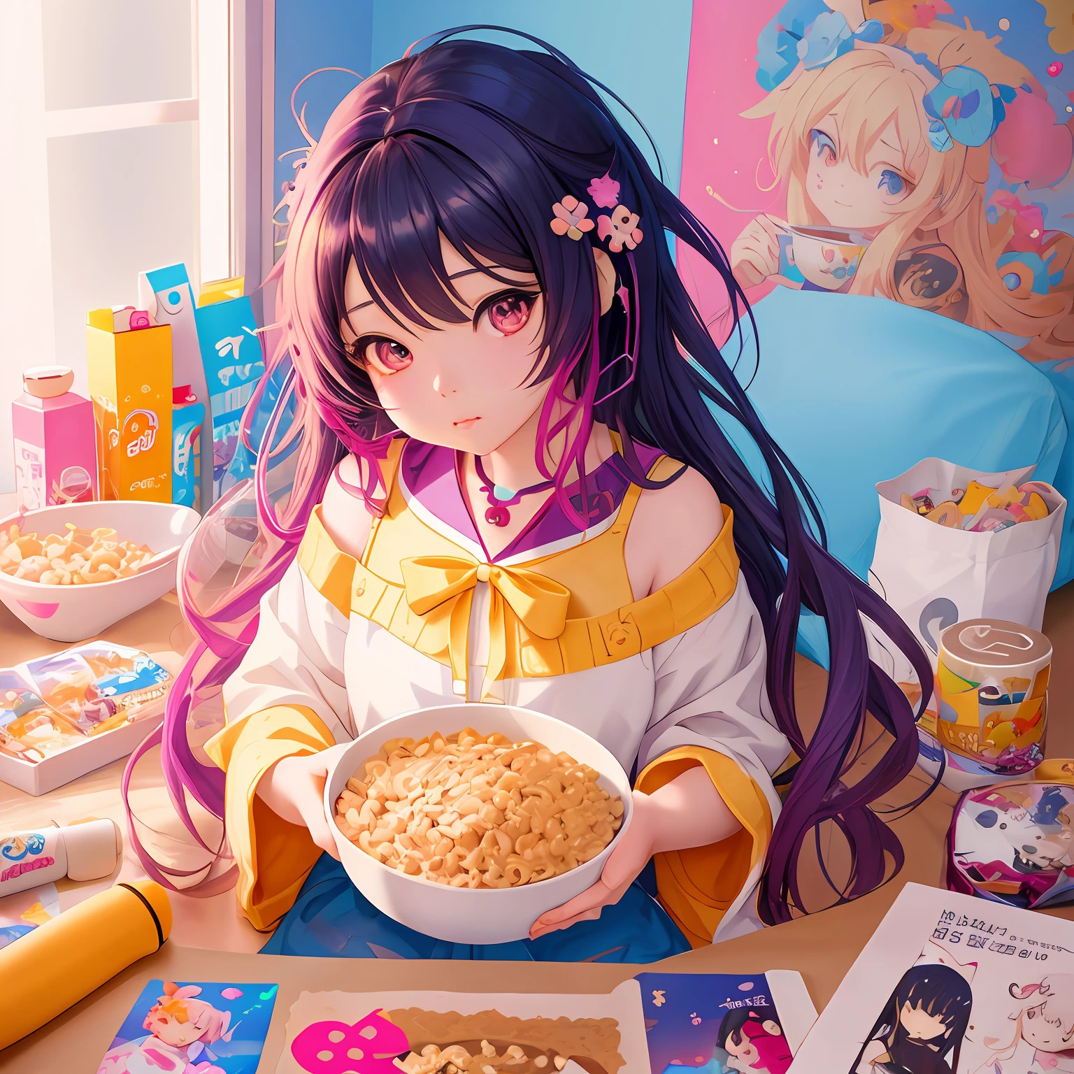 Anime girl with bowl of cereal and other toys, cute detailed digital art, adorable digital painting, Cute digital art, artwork in the style of guweiz, kawaii realistic portrait, guweiz, cute art style, cute detailed artwork, guweiz on artstation pixiv, trending on cgstation, guweiz on pixiv artstation, cute artwork