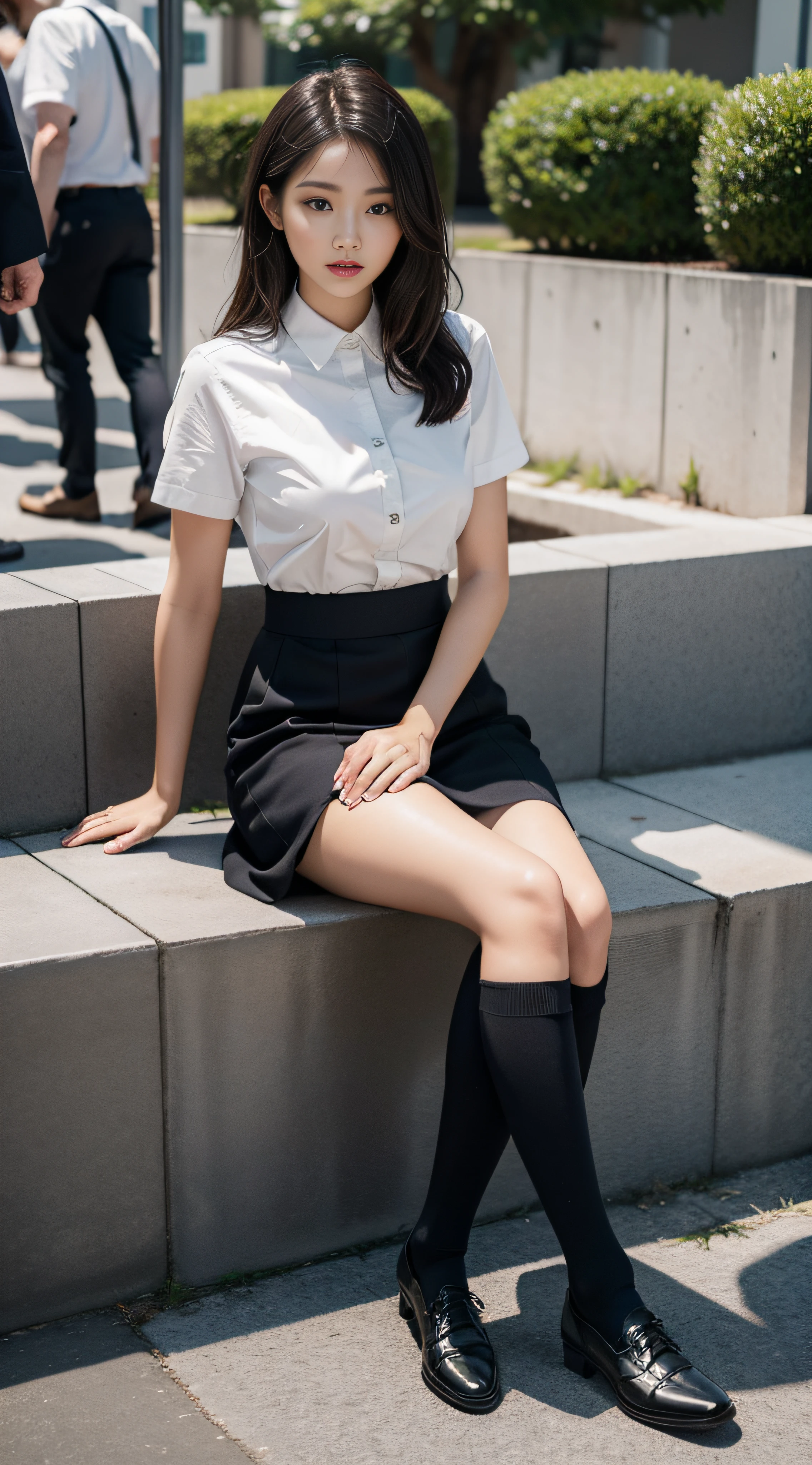 best qualtiy, Full body like，Refined face，pretty  face，25 years old woman，slimfigure，Smaller bust，office lady uniform，Calf socks，Keep your legs together，Outdoor Scene，Sit Pose
