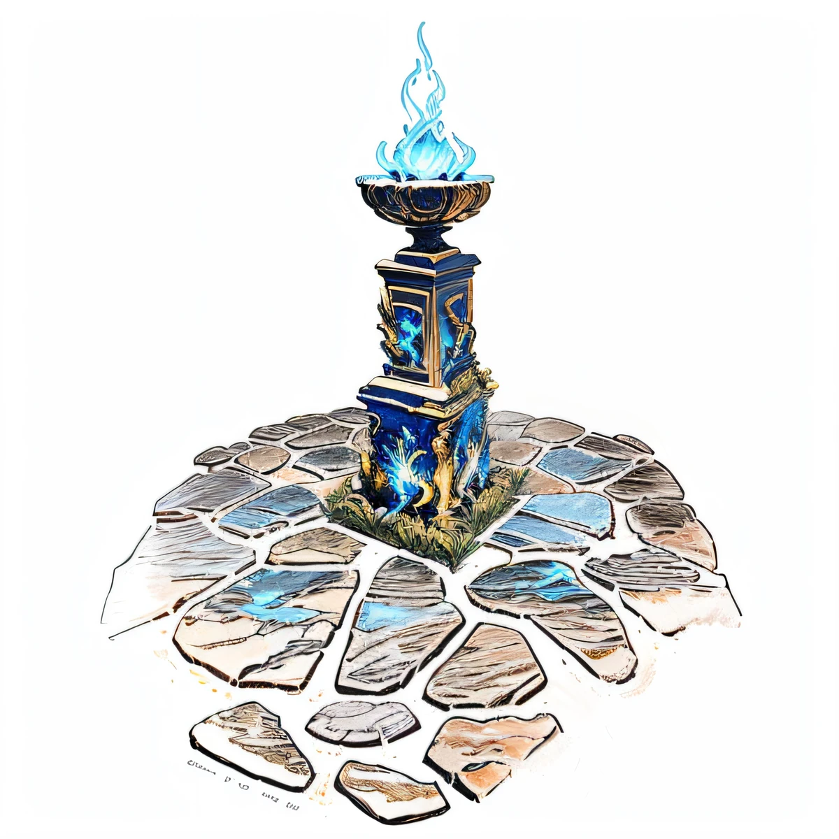 Stone pyre with a bronze basin with a magical bright blue flame on top of it, oil-painting, tochas, stone floor. full-page illustration, illustration detailed. full-page illustration, Sacrifice at the Altar, Directed by: Tom La Padula, inspirado em Anne-Louis Girodet, monumento