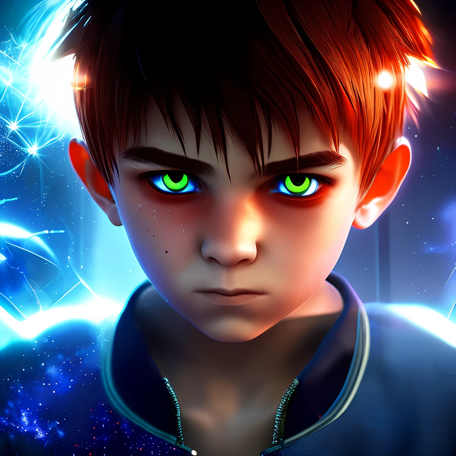 1boy , angry , close up shot , light relflection in his eyes , glowing particles