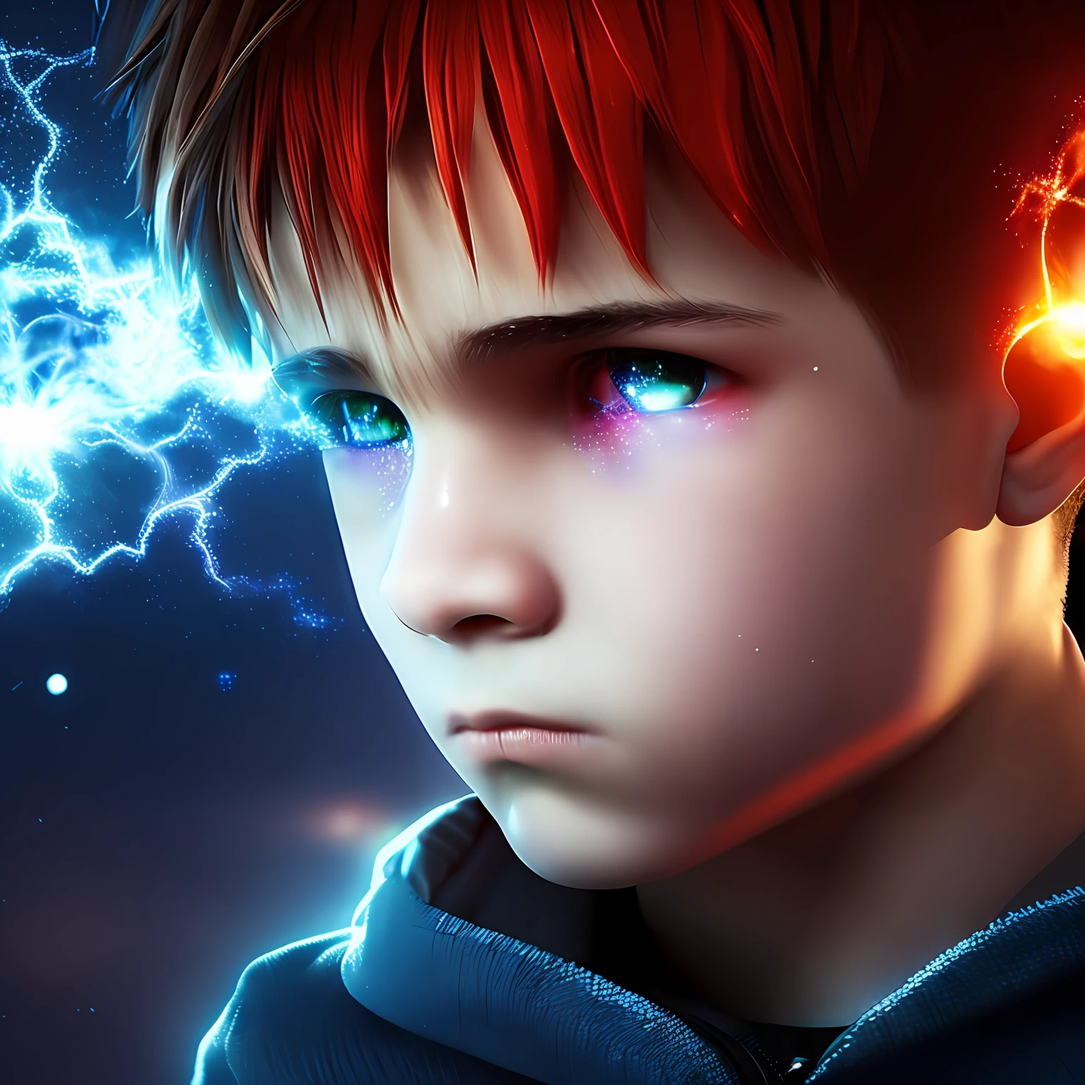 1boy , angry , close up shot , light relflection in his eyes , glowing particles