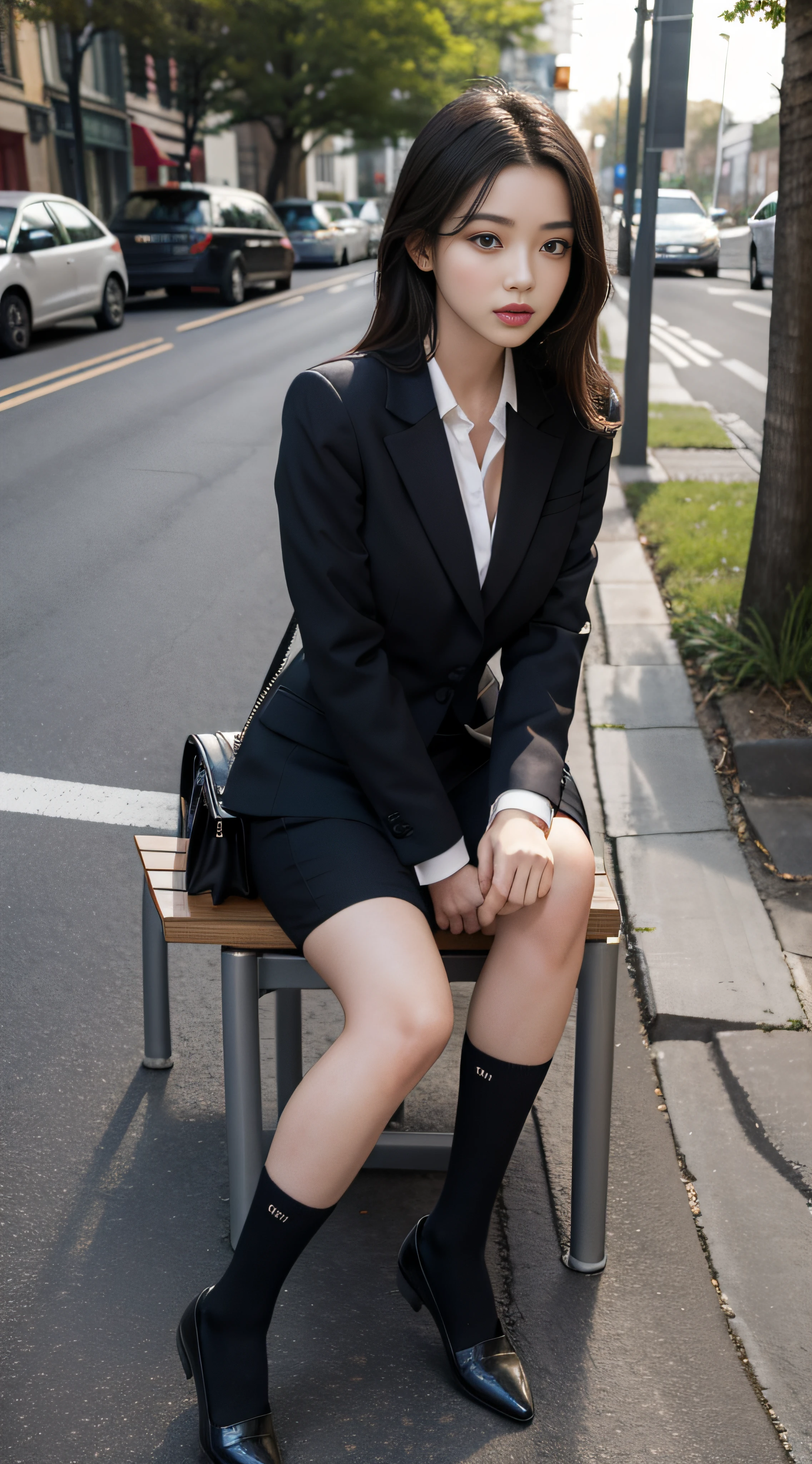 best qualtiy, Full body like，Refined face，pretty  face，25 years old woman，slimfigure，Smaller bust，office lady uniform，Calf socks，Keep your legs together，Outdoor Scene，Sit Pose