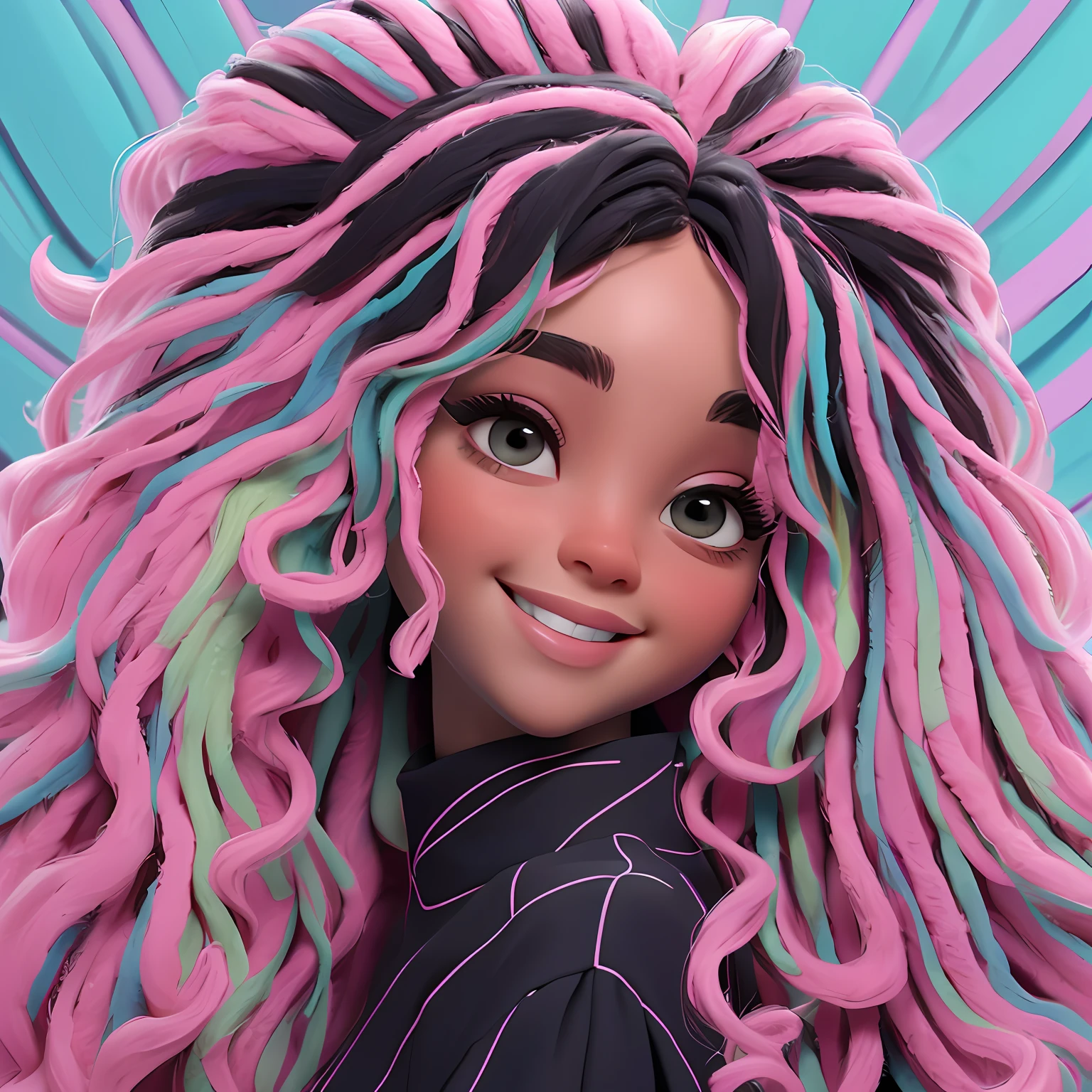 uma loli menina negro, seus cabelos longos, afro, multicolorido, moleton, corpo inteiro, The background is filled with a pastel shade, evoking a sense of lightness and happiness.