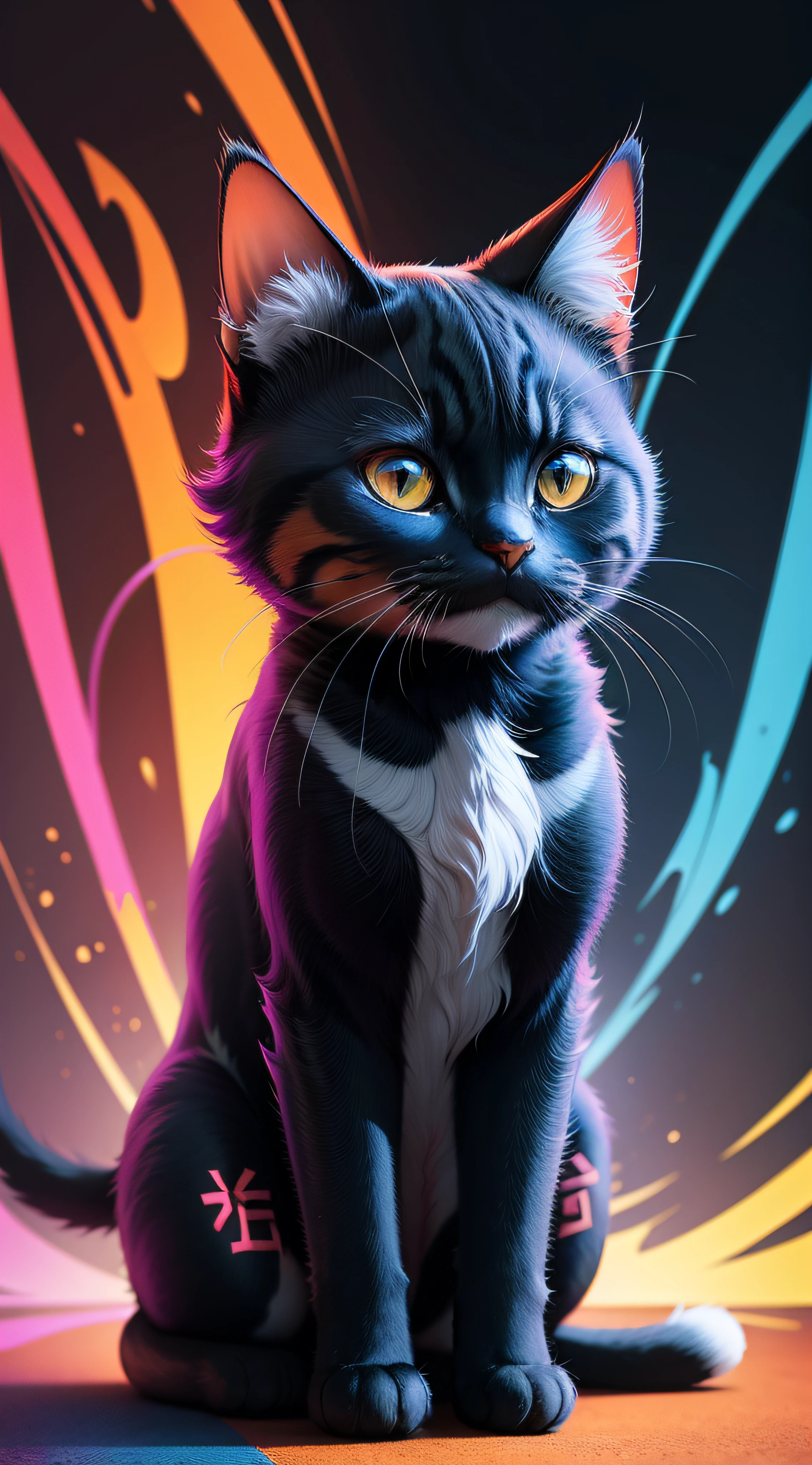 CHINESE CAT, PSYCHEDELIC, STRONG COLORS, FUTURISTIC, CRAZY DESIGN,