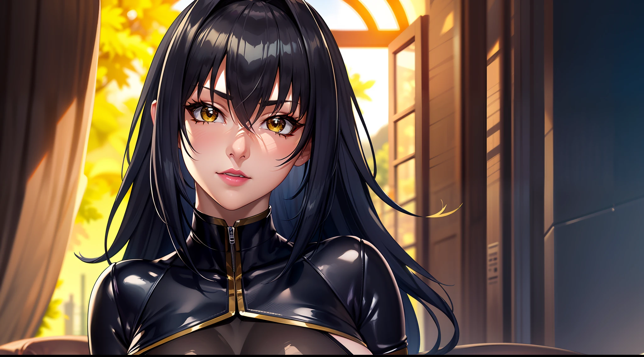 professional artwork, Intricate Details, field of view, sharp focus, detailed painting, photorealistic lighting, trending on pixiv, Standing at attention, black outfit ,yellow collared shirt,black and red bodysuit,skin_tight,black legwear, black pantyhose, Side_boob, black hair,very long hair, Bangs,yellow eyes,makeup, lipstick, 20yo,mature female,Beautiful Finger,Beautiful long legs,Beautiful body,Beautiful Nose,Beautiful character design, perfect eyes, perfect face, looking at viewer,official art,extremely detailed CG unreal engine 8k wallpaper, perfect lighting,Colorful, Bright_Front_face_Lighting, (masterpiece:1.0),(best_quality:1.0), ultra high res,4K,ultra-detailed, photography, 8K, HDR, highres, absurdres:1.2, Kodak portra 400, film grain, blurry background, (Beautiful,large_Breasts:1.4), (beautiful_face:1.5),(narrow_waist), (solo:1.4), ((landscape dimension)), rich detailed makeup, rich detailed eyeshadow, rich detailed lips, rich detailed lipstick, eyes lens, beautiful eyes lens, ultra detailed eyes, (solo:1.4)