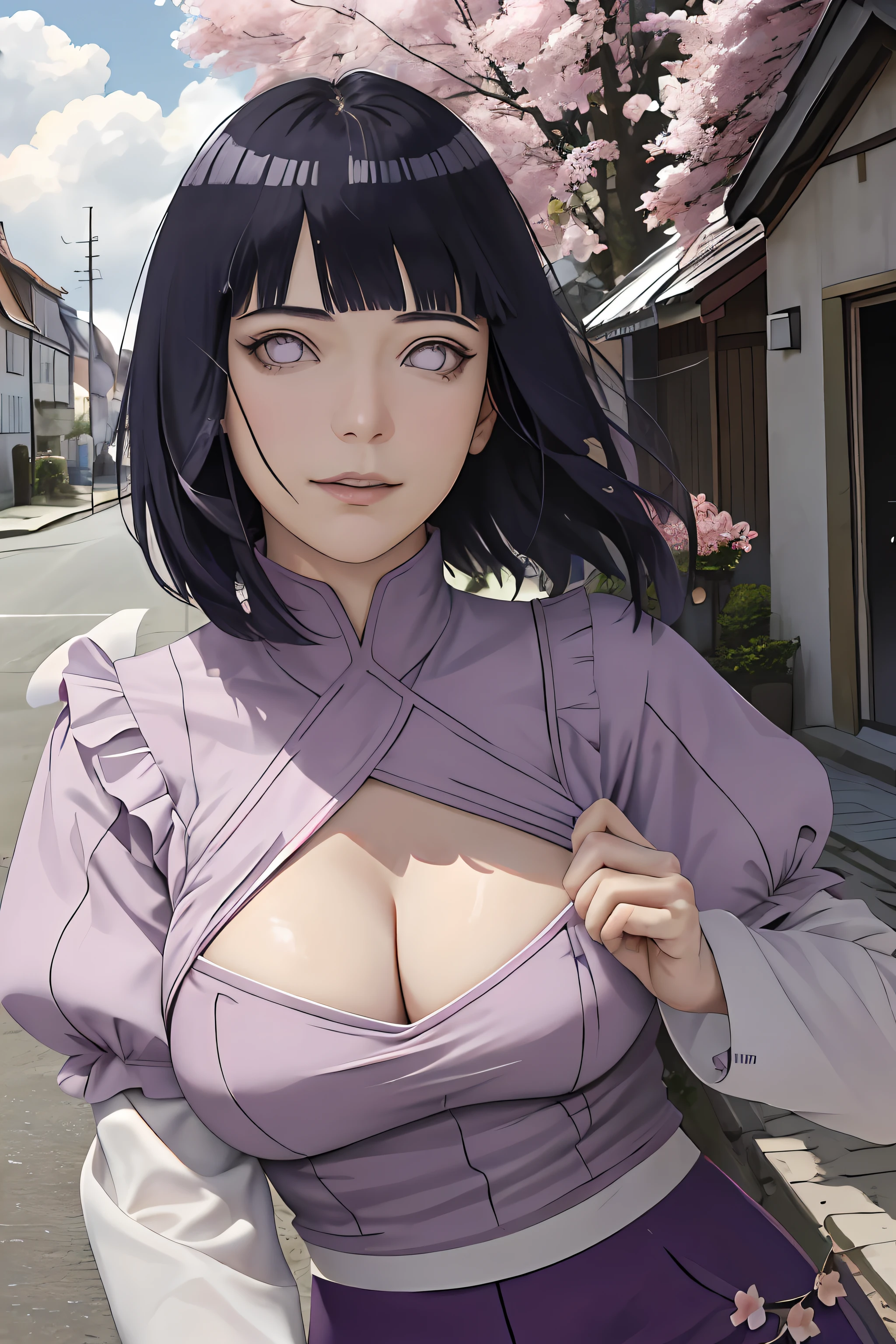 Meisterwerk, absurdres, Hinata\(Boruto\), 1girls, nur,reifes Weibchen, lila Kapuzenpullover,layered sleeves, braune Hose, al fresco,Lavendelblütenfeld, Blick auf den Betrachter, (falling petals), overcast sky, Perfekte Komposition, Detaillierte Lippen, large chest, Beautiful face, Body Propotion, flush, (rosa Lippen), Lange Haare, lila Augen, Sanfter Blick, sad smile, (((langer roter Schal))), Super realistisch, Detailliert, Fotoshooting, Realistic face and body