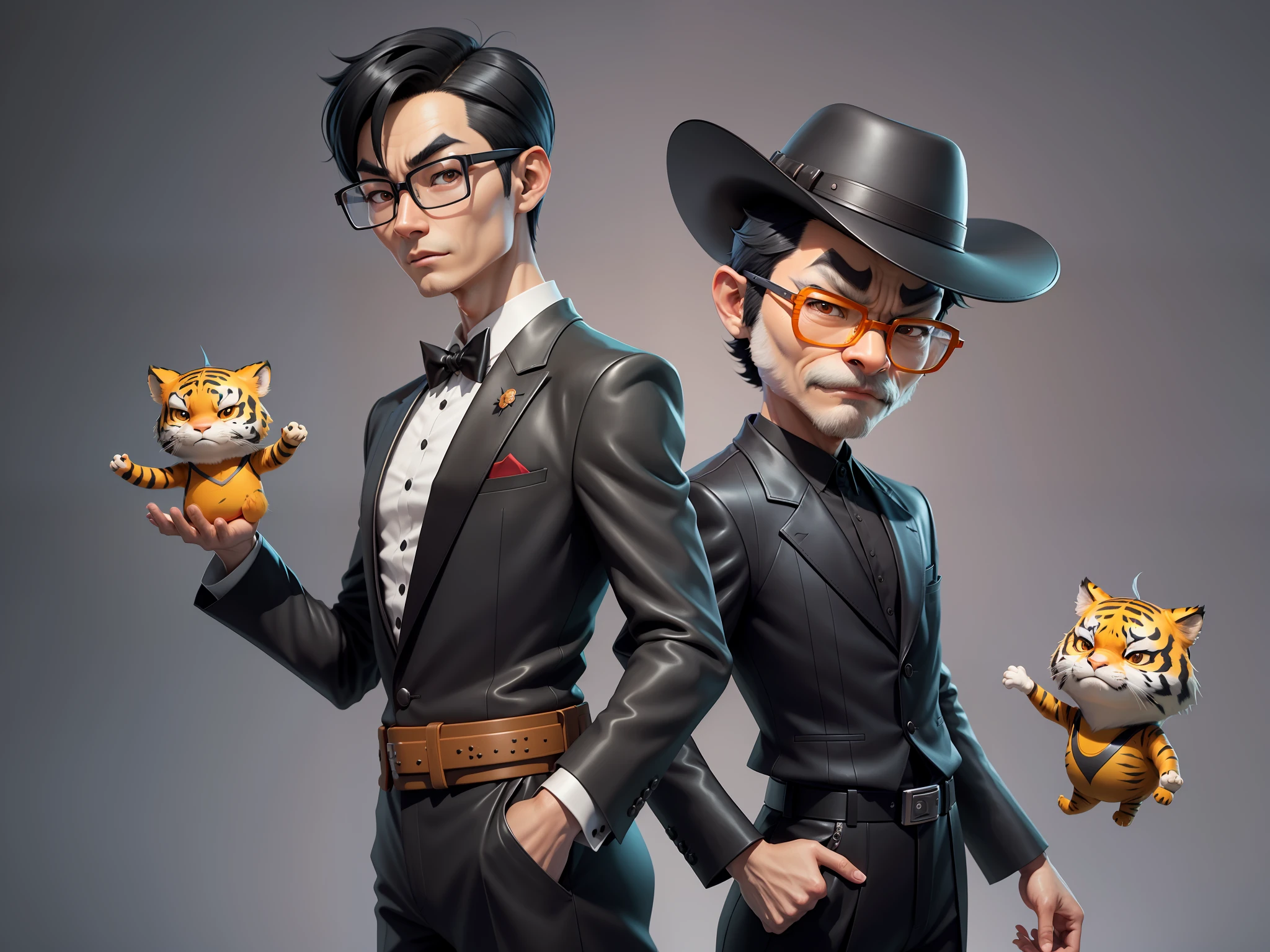 Young man with oriental face in leather hat, tiger, oriental face in formal suit, short black hair, silver glasses, digital painting, 3D character design by Mark Clairedon and Pixar and Hayao Miyazaki and Akira Toriyama, the illustration is a high-definition illustration in 4K resolution with very detailed facial features and cartoon-style visuals.